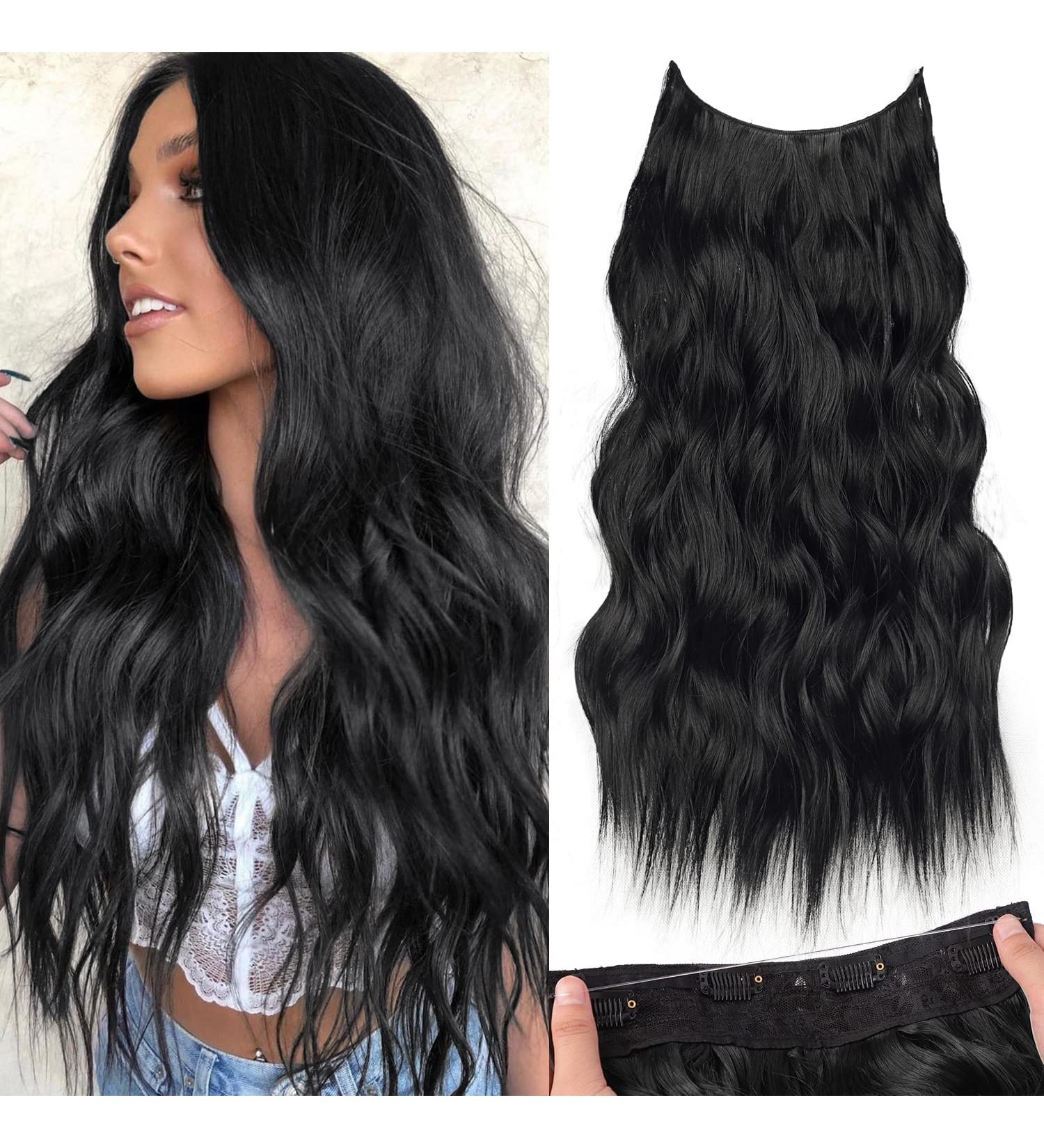 KooKaStyle Invisible Wire Hair Extensions - Long Wavy Secret Hairpiece | Adjustable Size, 4 Secure Clips, 24 Inch, Black - Buy Online on SooperMarket.com
