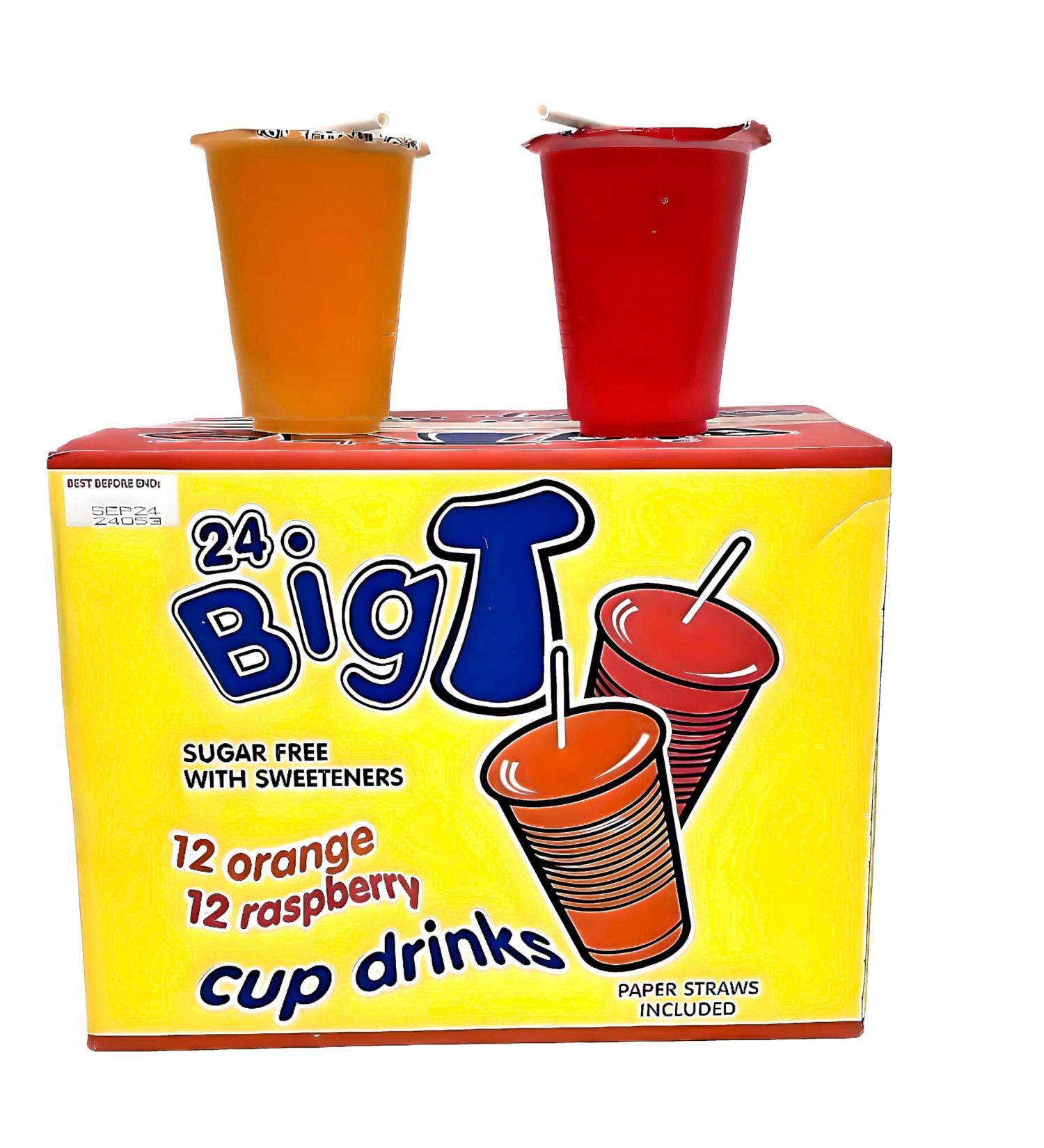 Big T Sugar-Free Cup Drinks - Orange & Raspberry 24 Bulk Pack with Paper Straws - Buy Online on SooperMarket.com