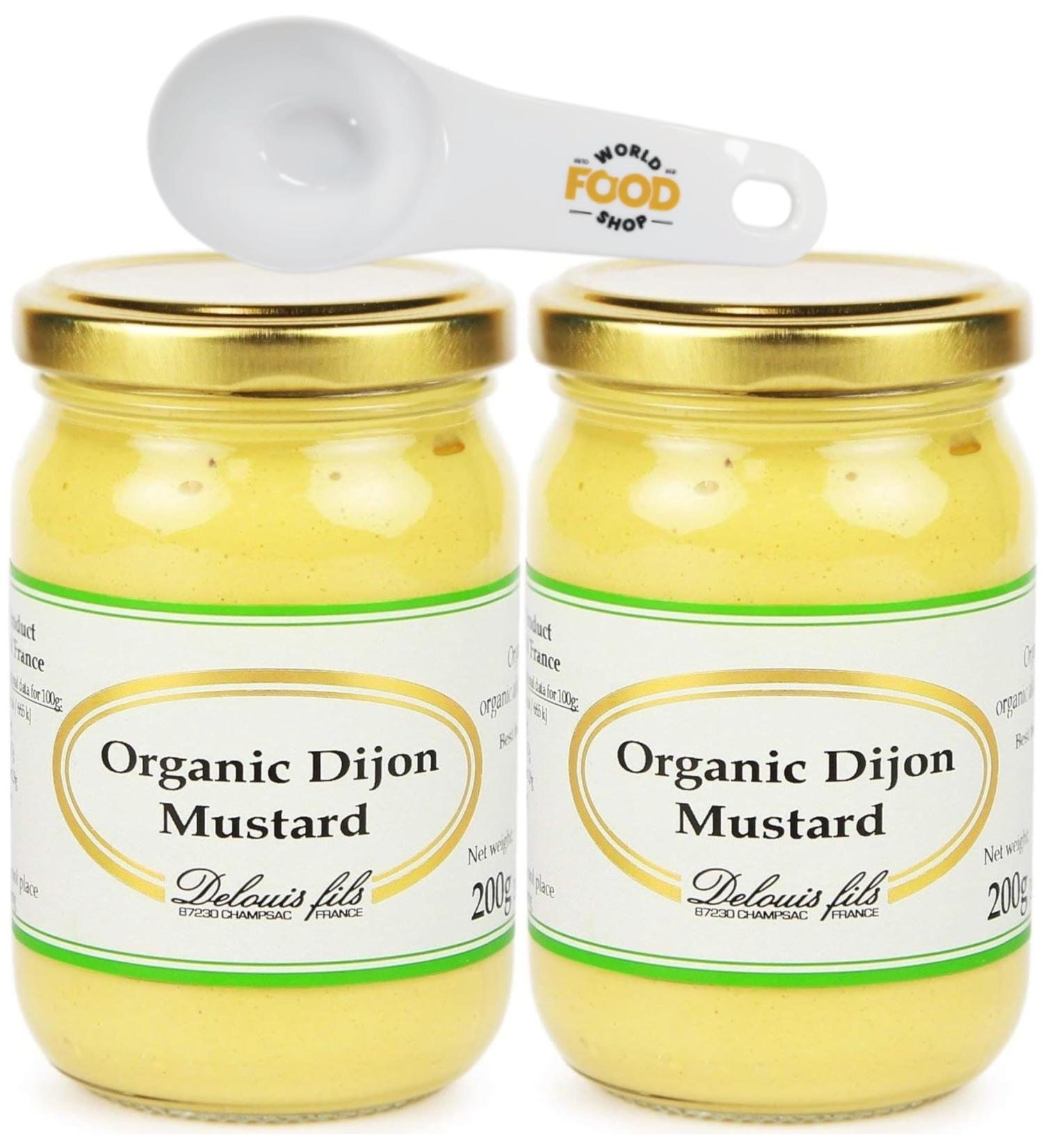 Delouis Organic Dijon Mustard 200g - Pack of 2 with World Food Shop Scoop | French Mustard | Authentic Flavour | Ideal for Culinary Enthusiasts and Gourmet Cooking - Buy Online on SooperMarket.com