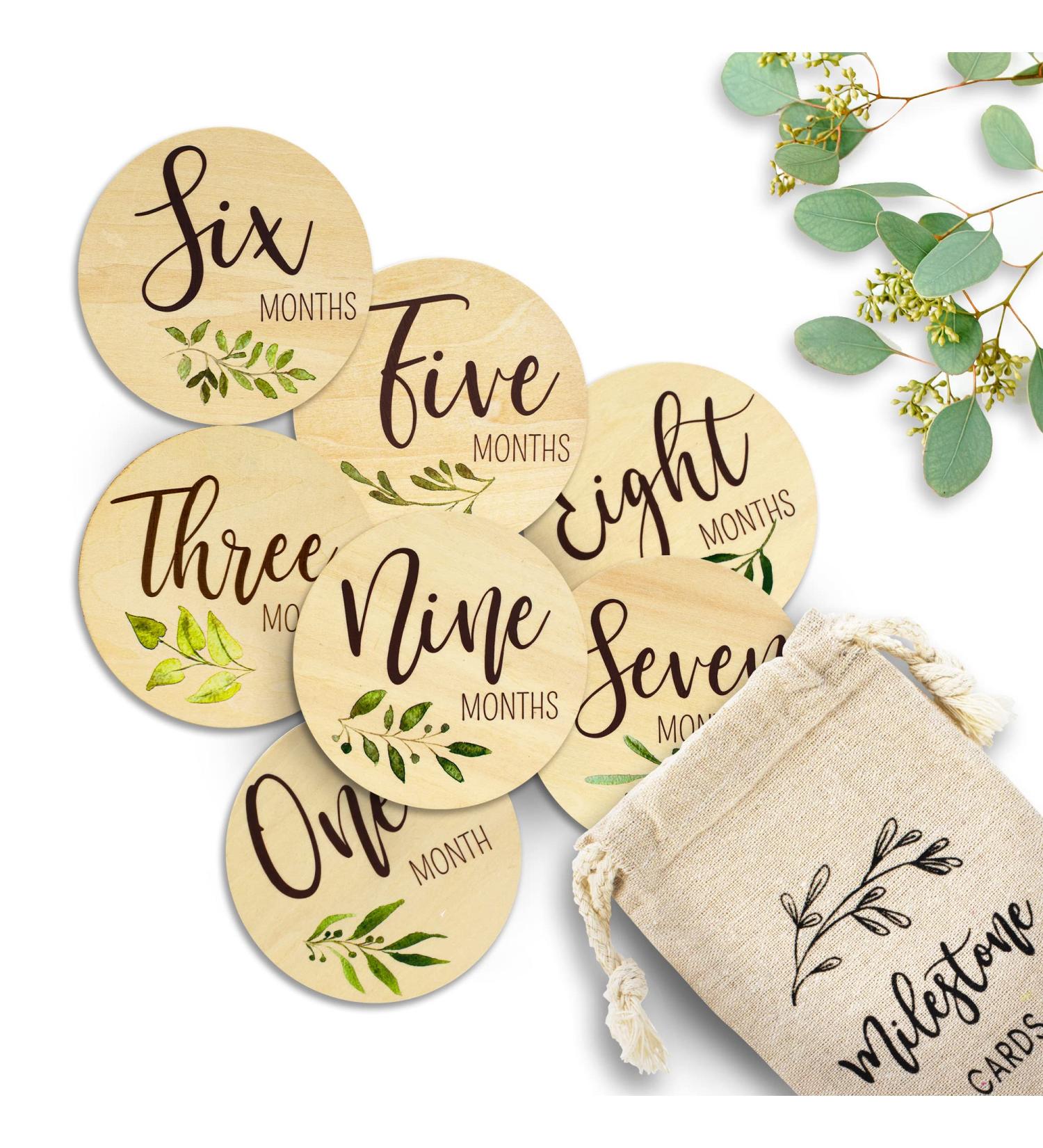 Baby Monthly Milestone Cards - Reversible Wooden Discs for Newborn Photography - Includes Announcement & Hello World Sign - Buy Online on SooperMarket.com