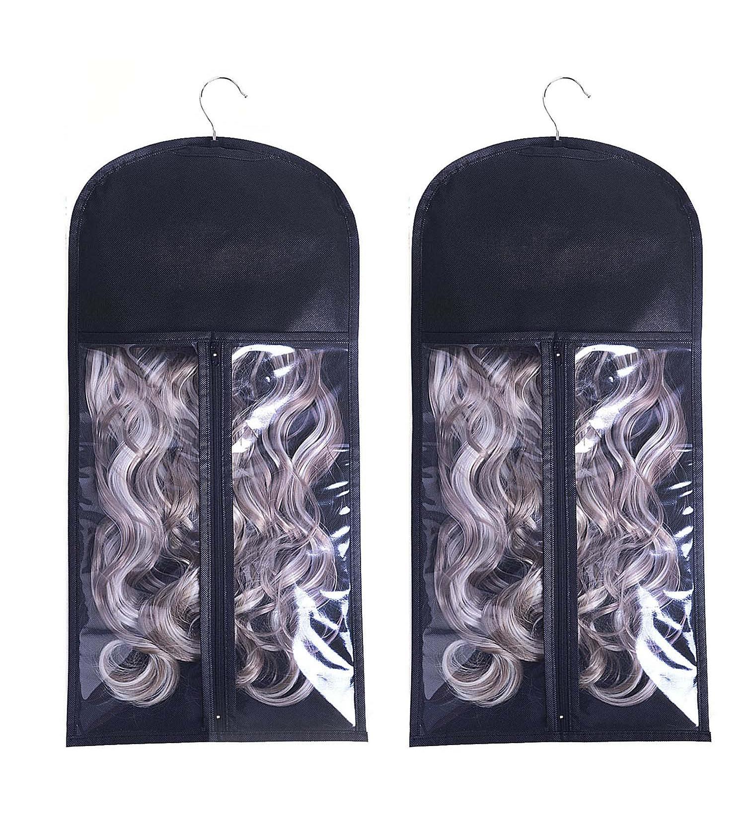 2PCS Portable Hair Extension Holder with Wooden Hanger - Dust-proof Storage Bags for Human Hair and Wigs (Black) - Buy Online on SooperMarket.com
