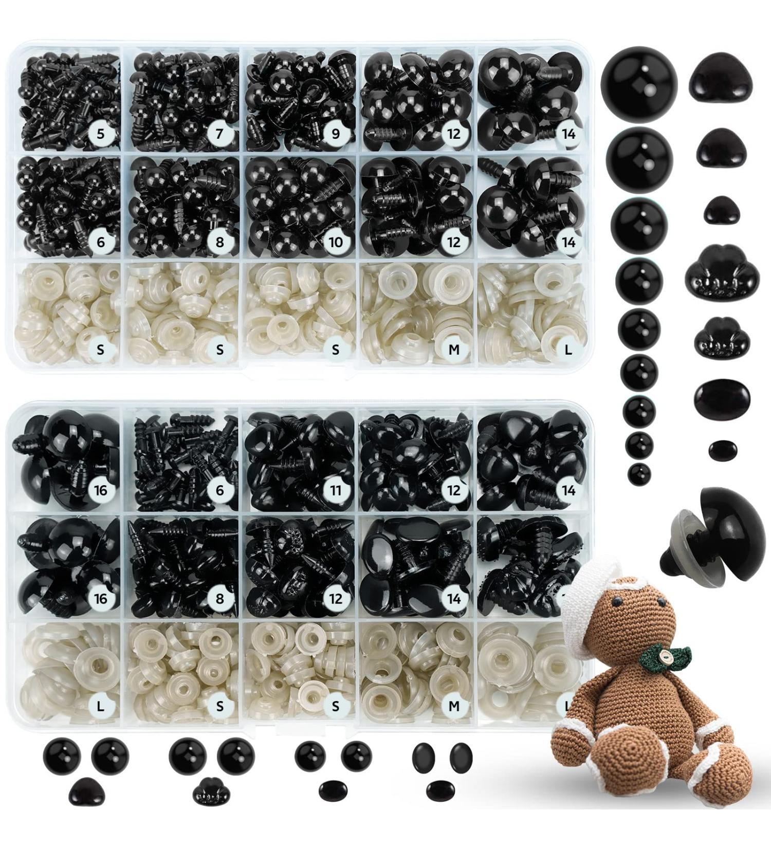 800PCS Safety Eyes & Noses for Amigurumi - 2 Boxes, Black Plastic Craft Doll Eyes with Washers for Crochet Stuffed Animals, Assorted Sizes - Includes Size Chart - Buy Online on SooperMarket.com