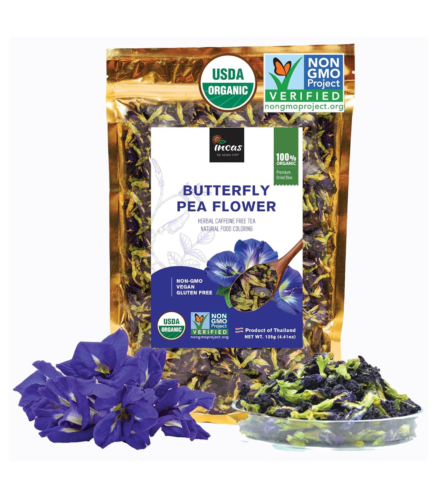 Organic Butterfly Pea Flowers 4.41 oz - Non GMO Verified, Gluten Free, Vegan - Rich in Antioxidants - Free eBook Included - From Thailand - Incas - Buy Online on SooperMarket.com