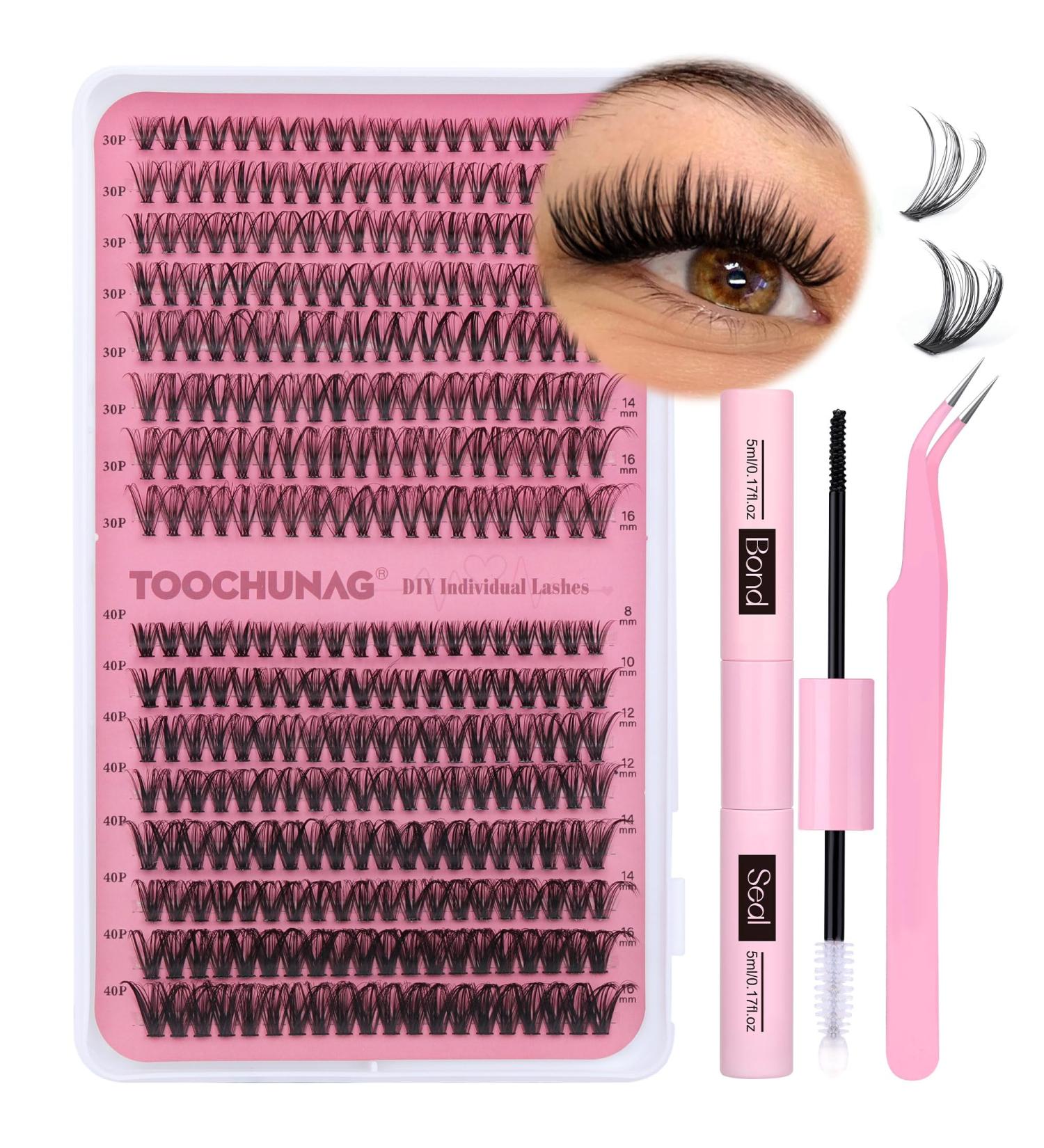 TOOCHUNAG Eyelash Extension Kit - 320pcs 30D+40D Individual Lashes Cluster Set with Bond, Seal, and Tweezers - DIY Lash Extensions 8-16mm - Buy Online on SooperMarket.com