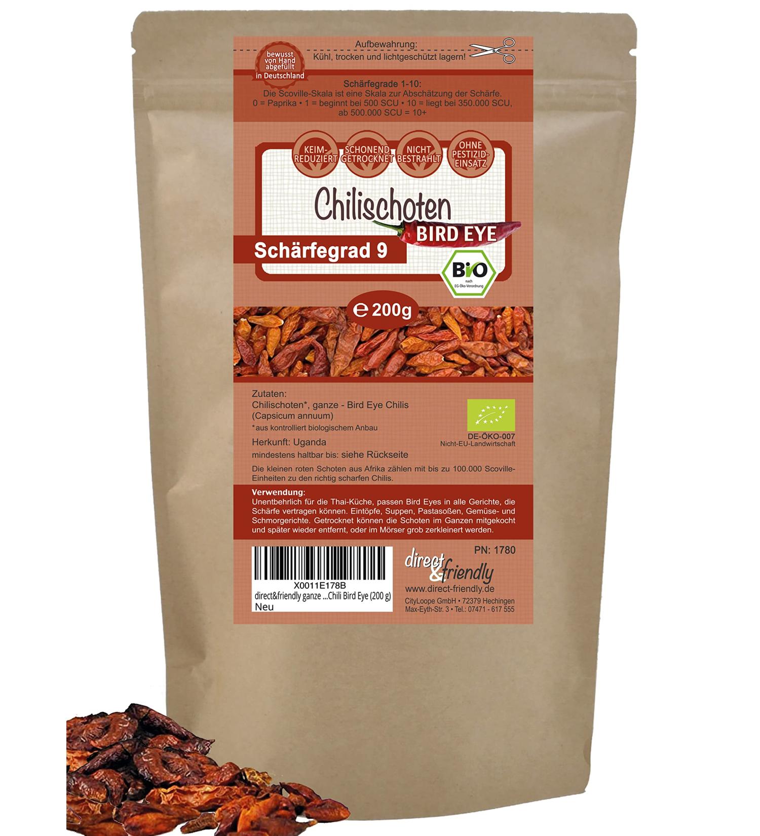 Buy Direct&Friendly Organic Chili Bird Eye Hot Dried Pods - 200g (1 Pack) | International Shipping Available - Buy Online on SooperMarket.com