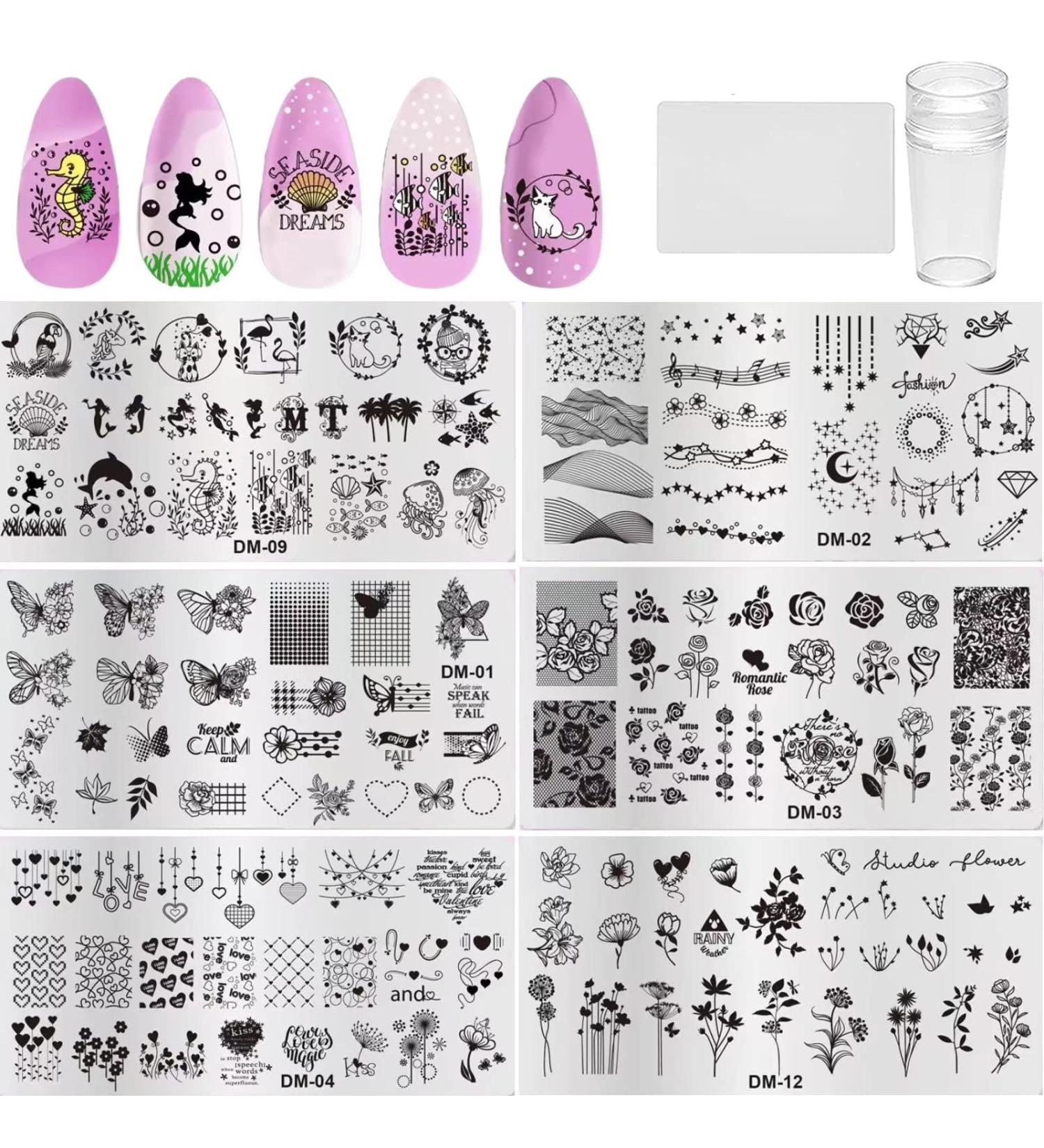 RUNRAYAY Nail Stamping Plates Set 6Pcs Nail Templates with Stamper & Scraper Nail Stamper Nail Art Plates Kits Template Plates Leaves Flowers Animal Holiday Design A + Tools - Buy Online on SooperMarket.com