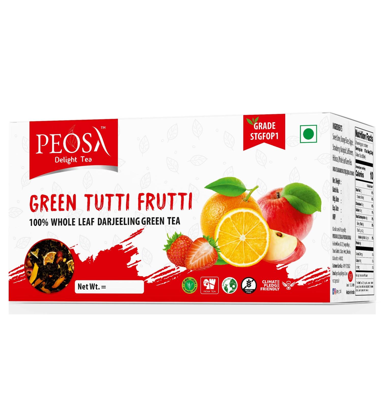 Peosa Delight Tea - Green Tutti Frutti Darjeeling Green Tea Blend with Alphonso Mango, Sweet Lime, Apple, Orange, Strawberry | Exotic Fruits | 3.52 Oz Box (40 Cups) - Buy Online on SooperMarket.com