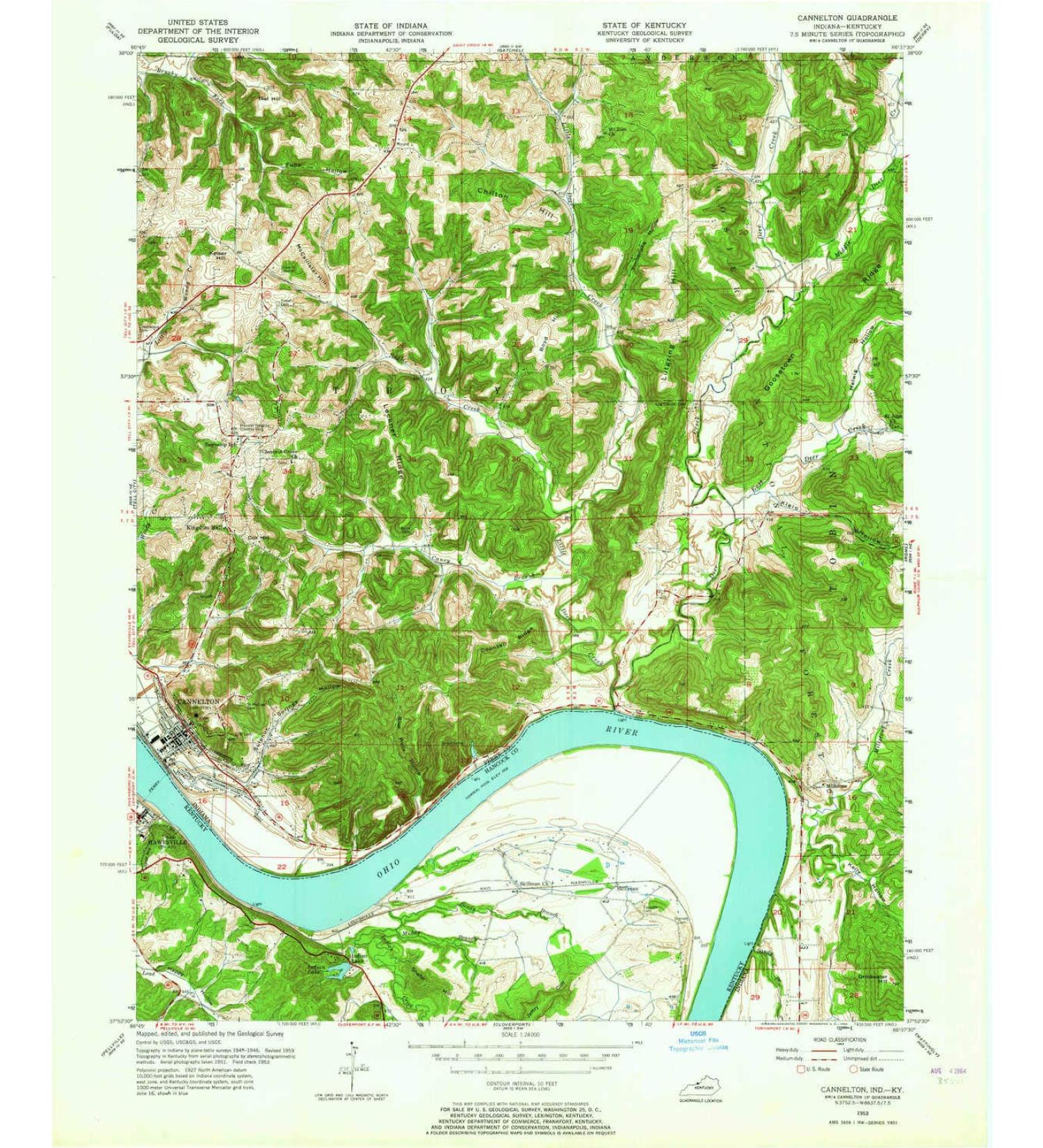 YellowMaps Cannelton in topo map, 1:24000 Scale, 7.5 X 7.5 Minute, Historical, 1953, Updated 1964, 26.9 x 22.1 in Tyvek