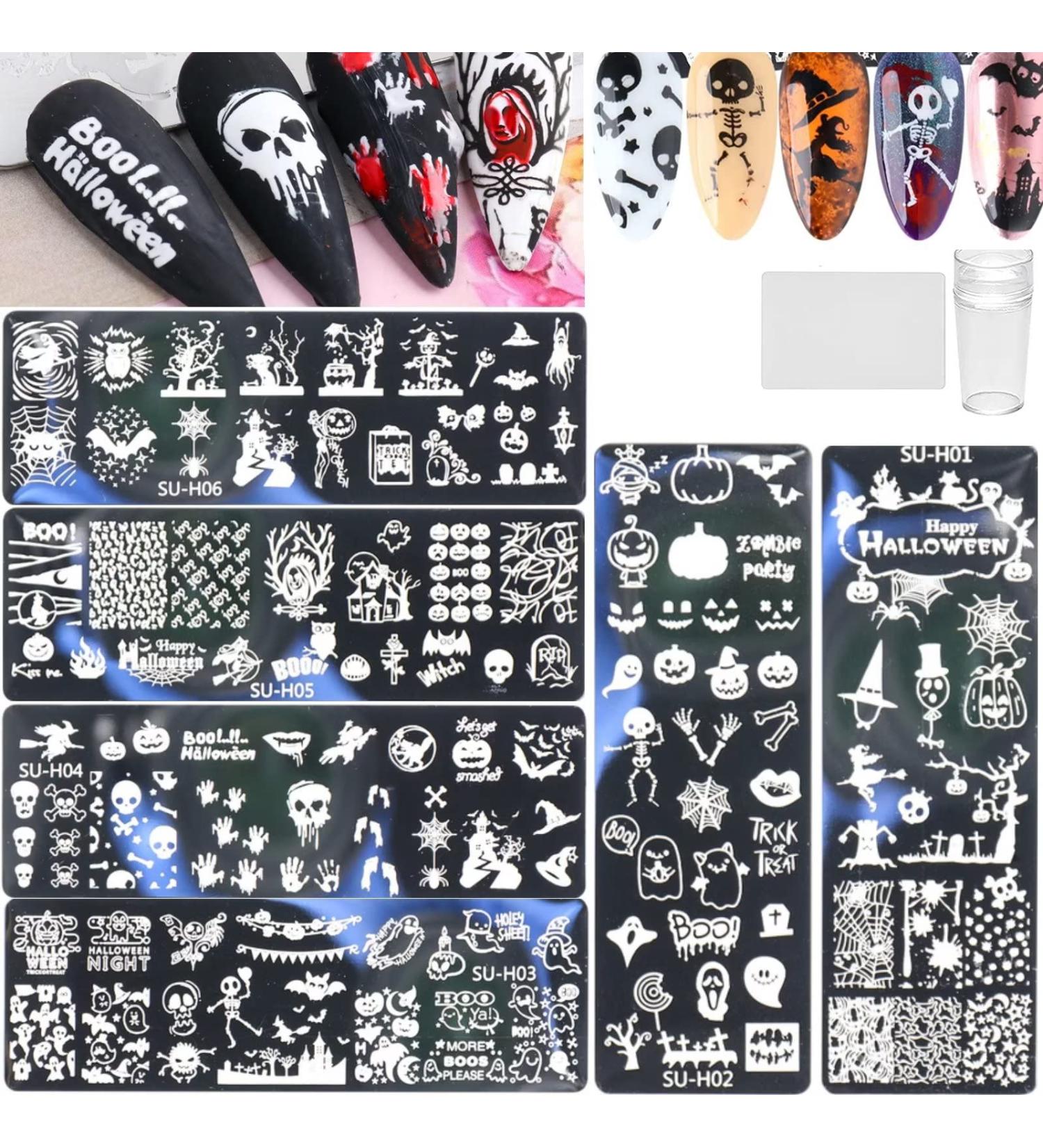 Halloween Nail Stamper Kit - 6 Nail Plates + 1 Stamper + 1 Scraper - Skeleton/Spider Web/Pumpkin/Tree Design - Nail Decoration Supplies 8 Piece Set + Tools - Buy Online on SooperMarket.com