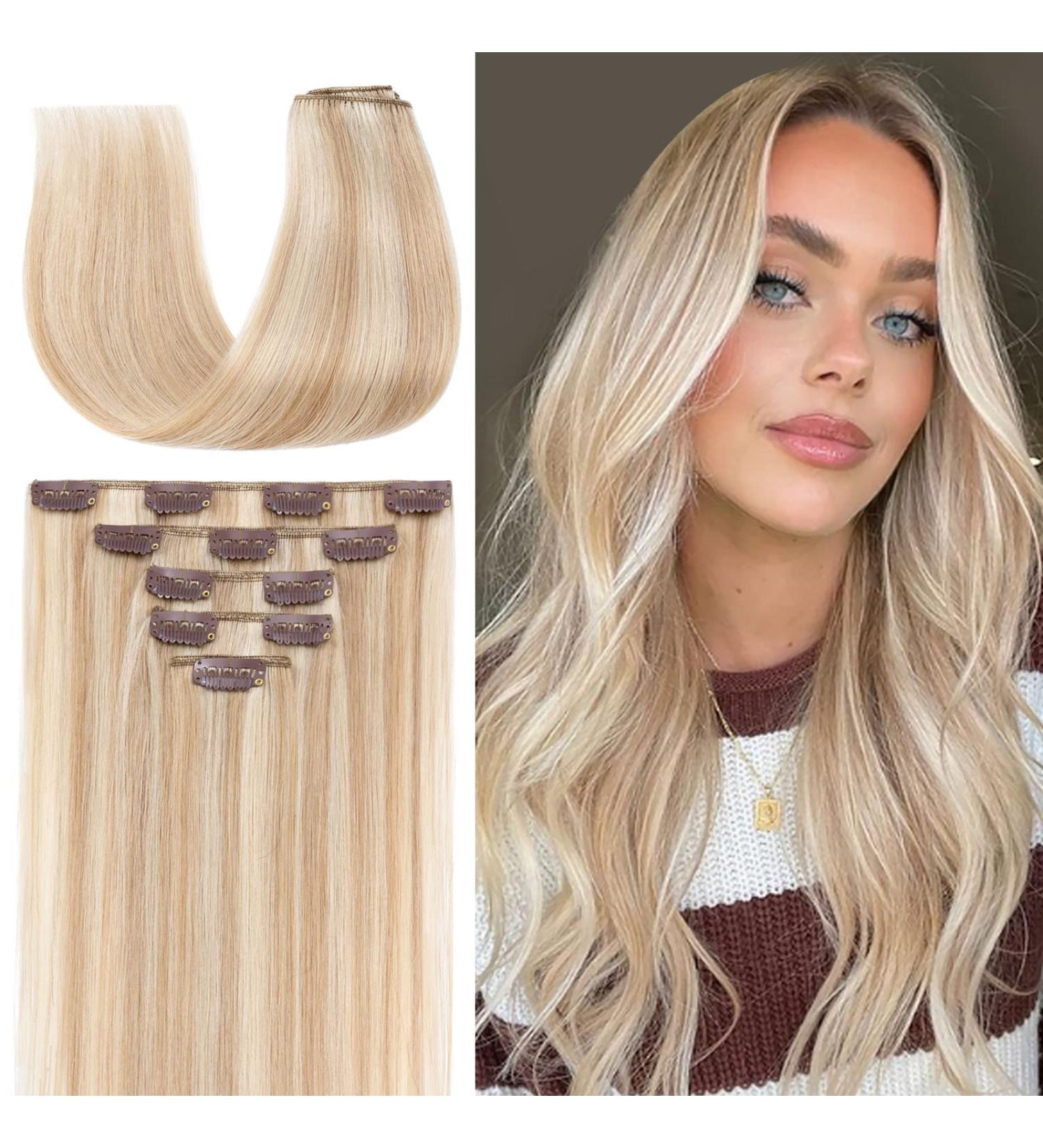 TESS Blonde Clip in Hair Extensions Real Human Hair - 14 Inch 60g Hair Extensions Clip in - 5 Pieces Clip in Hair Extensions - (Ash Blonde & Bleach Blonde) - Buy Online on SooperMarket.com