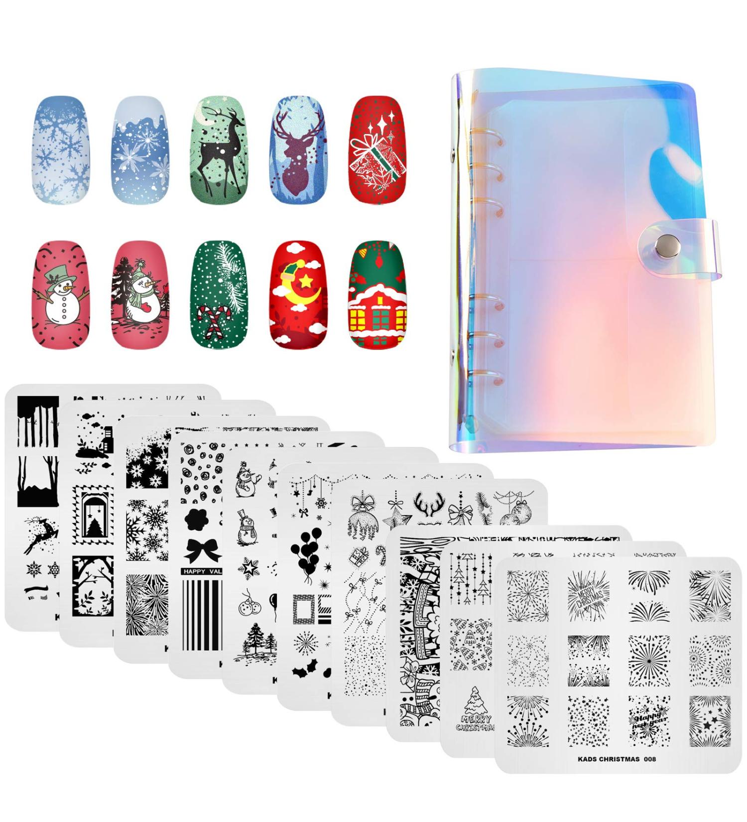 Alexnailart Christmas Nail Stamping Plates Set - 10 Piece Multi-Pattern Design Stencils with Storage Bag (Set7) - Buy Online on SooperMarket.com