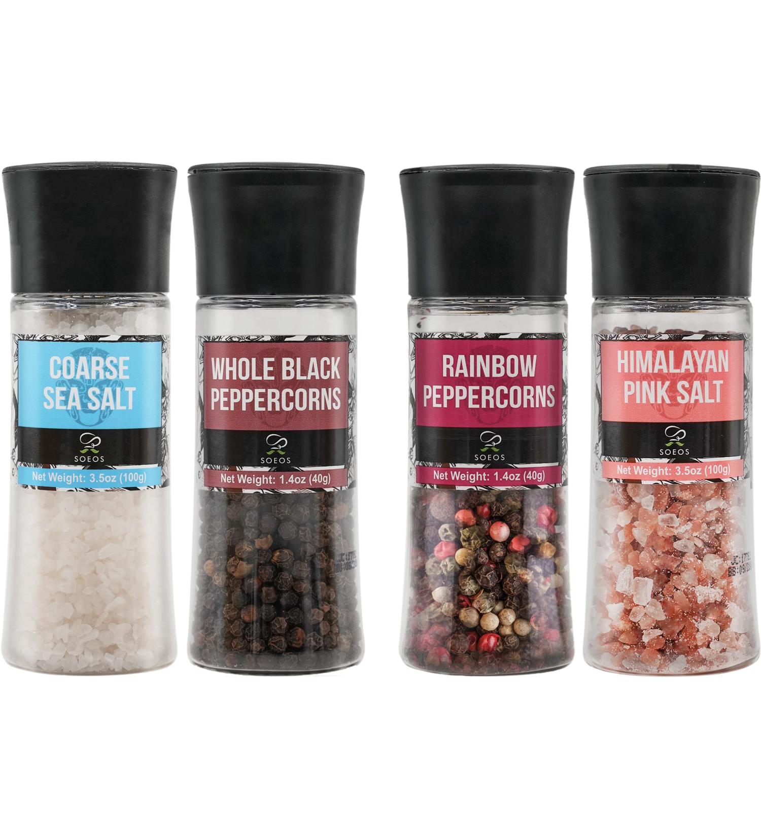 Soeos Salt and Pepper Grinder Set with Rainbow Peppercorns, Black Peppercorns, White Sea Salt, and Pink Salt - 9.8oz (277.82g) Total Spice - Plastic Bottle Grinder Included - Buy Online on SooperMarket.com