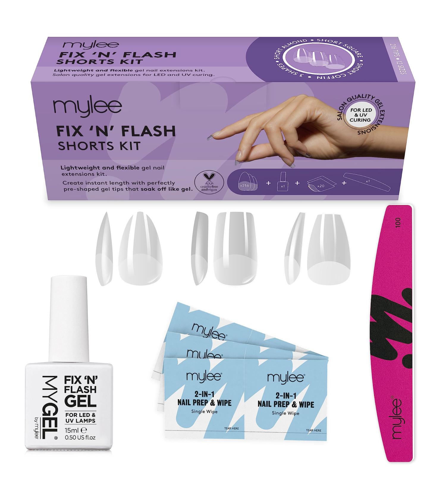 Mylee Fix N Flash Gel Nail Tips Kit - 216pcs Almond, Square, & Coffin Shapes | Full Cover Extensions with Gel Prep Wipes & Nail File - Buy Online on SooperMarket.com