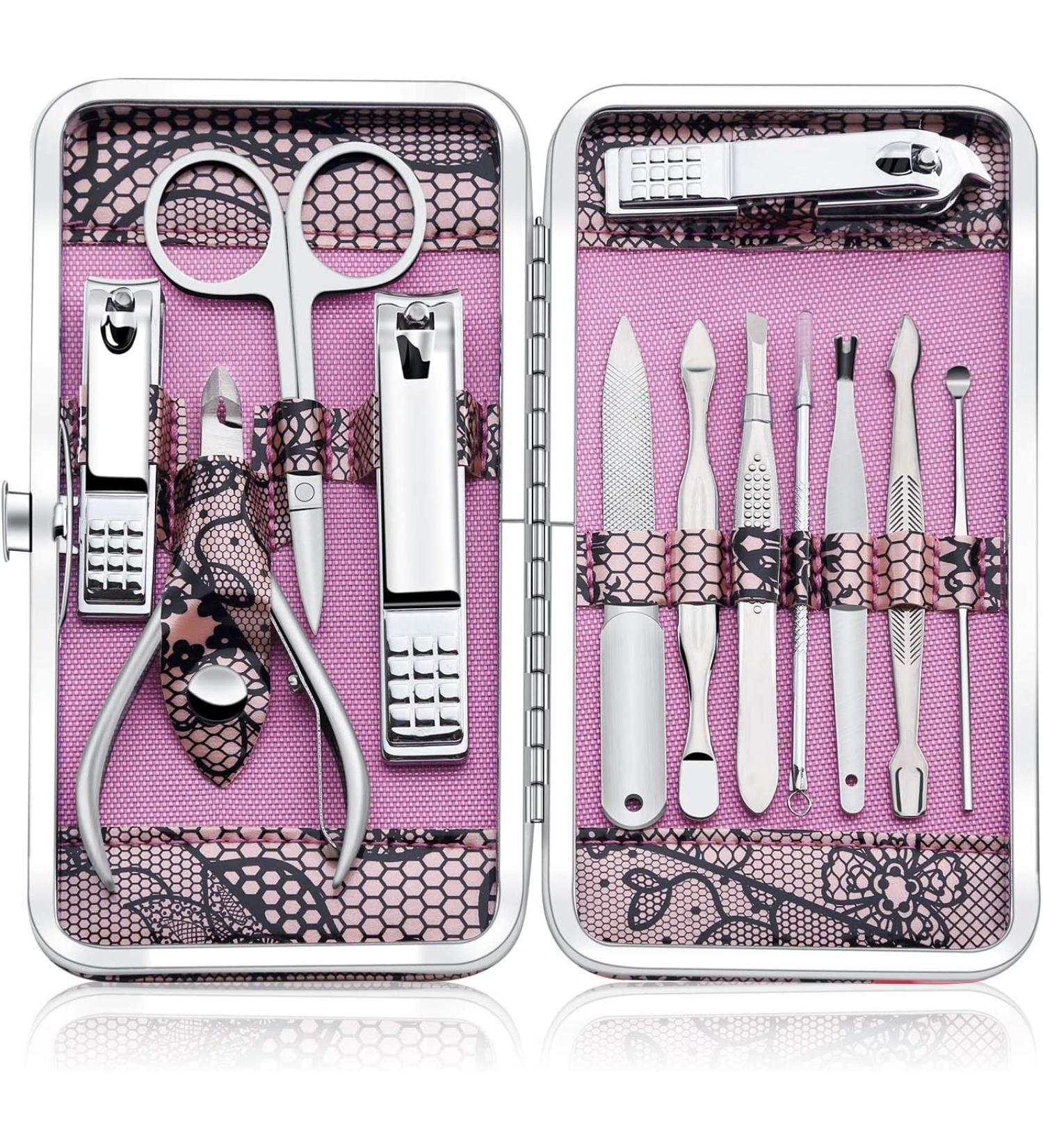 Professional Manicure Set - 12-Piece Stainless Steel Nail Clipper & Pedicure Kit | Travel Grooming Tools (Pink) - International Shipping Available - Buy Online on SooperMarket.com