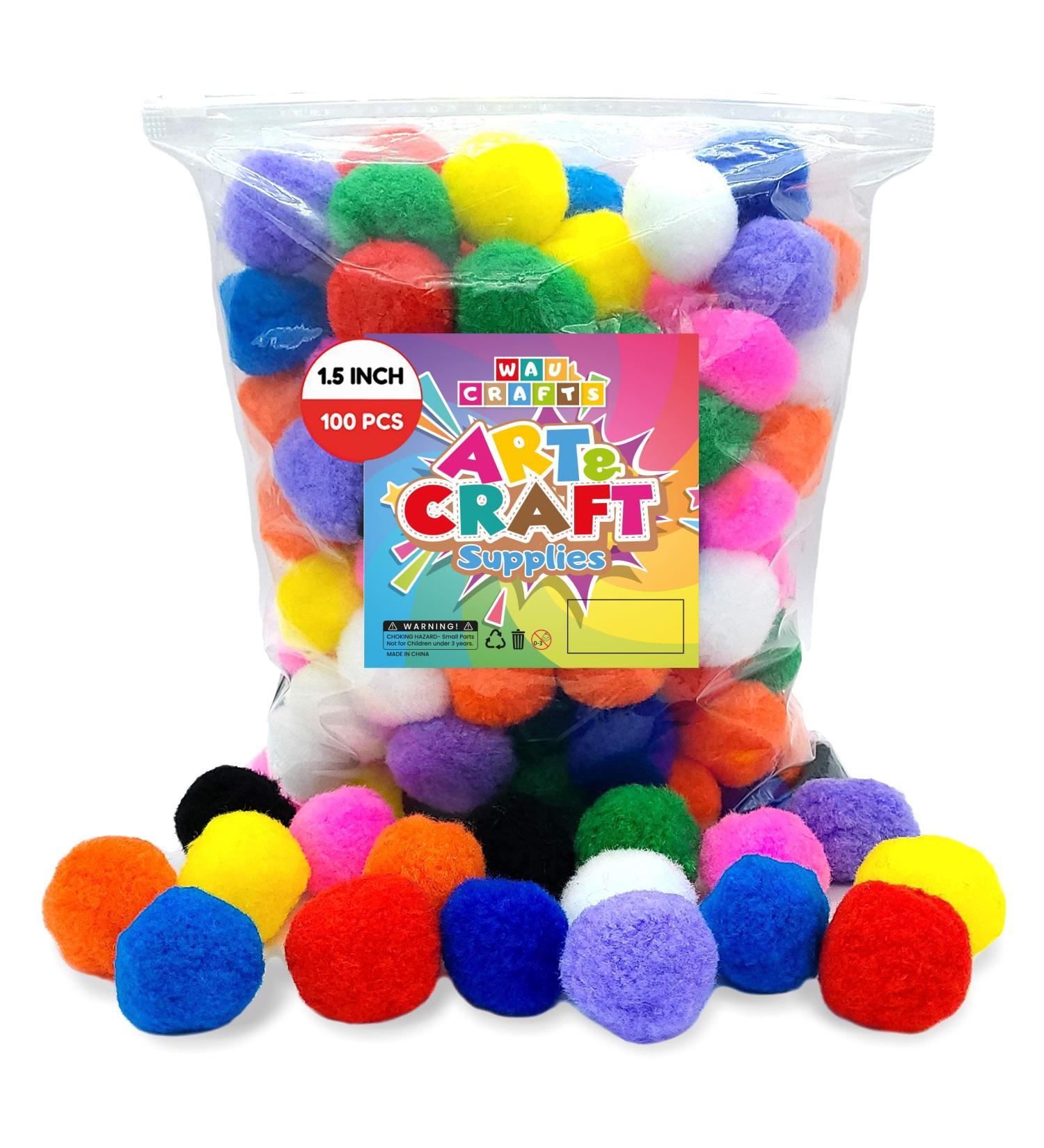 WAU Craft Pom Pom Balls - 100pcs 1.5 inch Multicolored Large Pompoms for DIY Crafts - Reusable Zipper Bag Included - Buy Online on SooperMarket.com