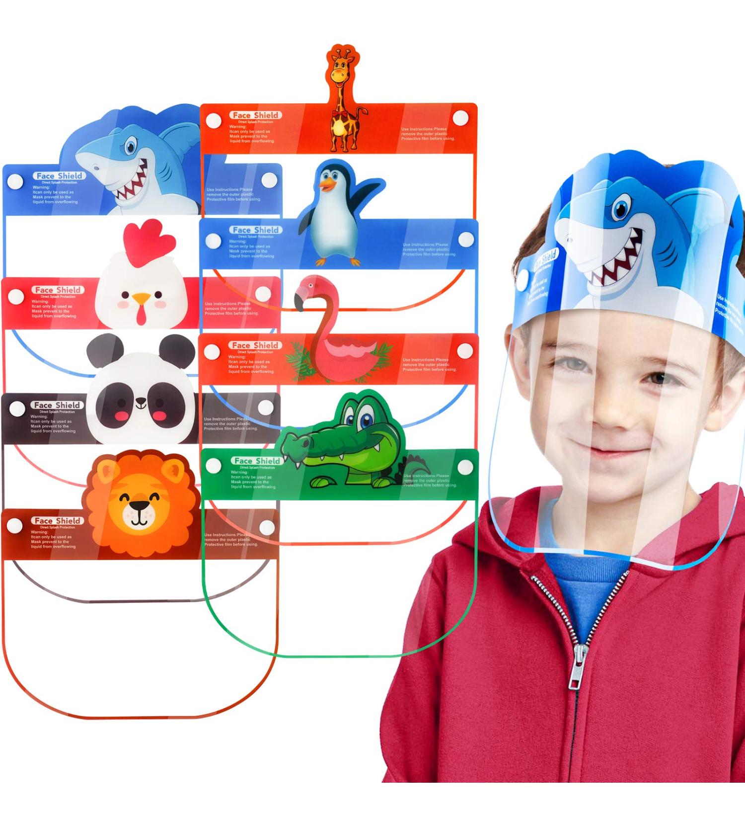 8-Pack Kids' Safety Face Shields - Full Protection Clear Vision Coverings - Reusable Lightweight Design - Cartoon Animals - Boys Girls - Comfortable Fit - Buy Online on SooperMarket.com