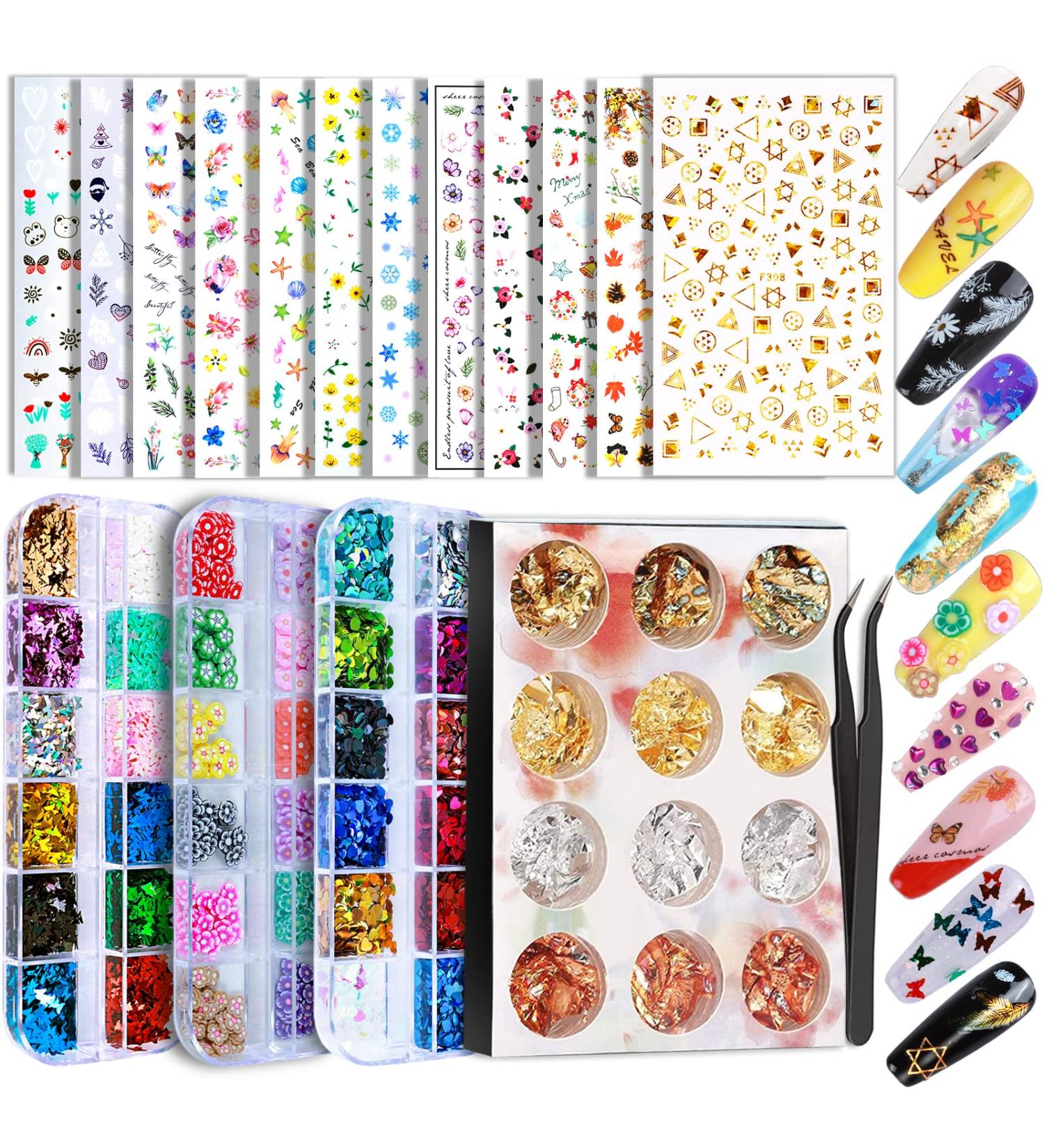 Teenitor 3D Flower Nail Stickers Set with Glitter, Butterfly, Heart Sequins, and Nail Foil - 12 Self-Adhesive Sheets for Nail Art Decoration - Buy Online on SooperMarket.com