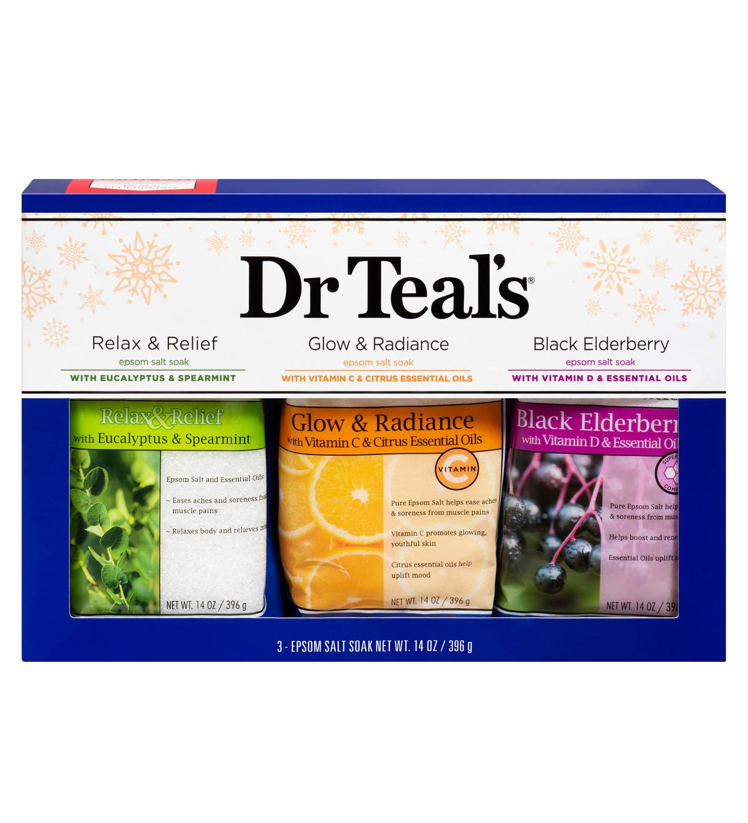 Dr Teal's Epsom Salt Variety Pack Gift Set (Relax & Relief with Eucalyptus & Spearmint, Glow & Radiance with Vitamin C & Citrus, and Black Elderberry with Vitamin D & Essential Oils 14 oz. Bags).