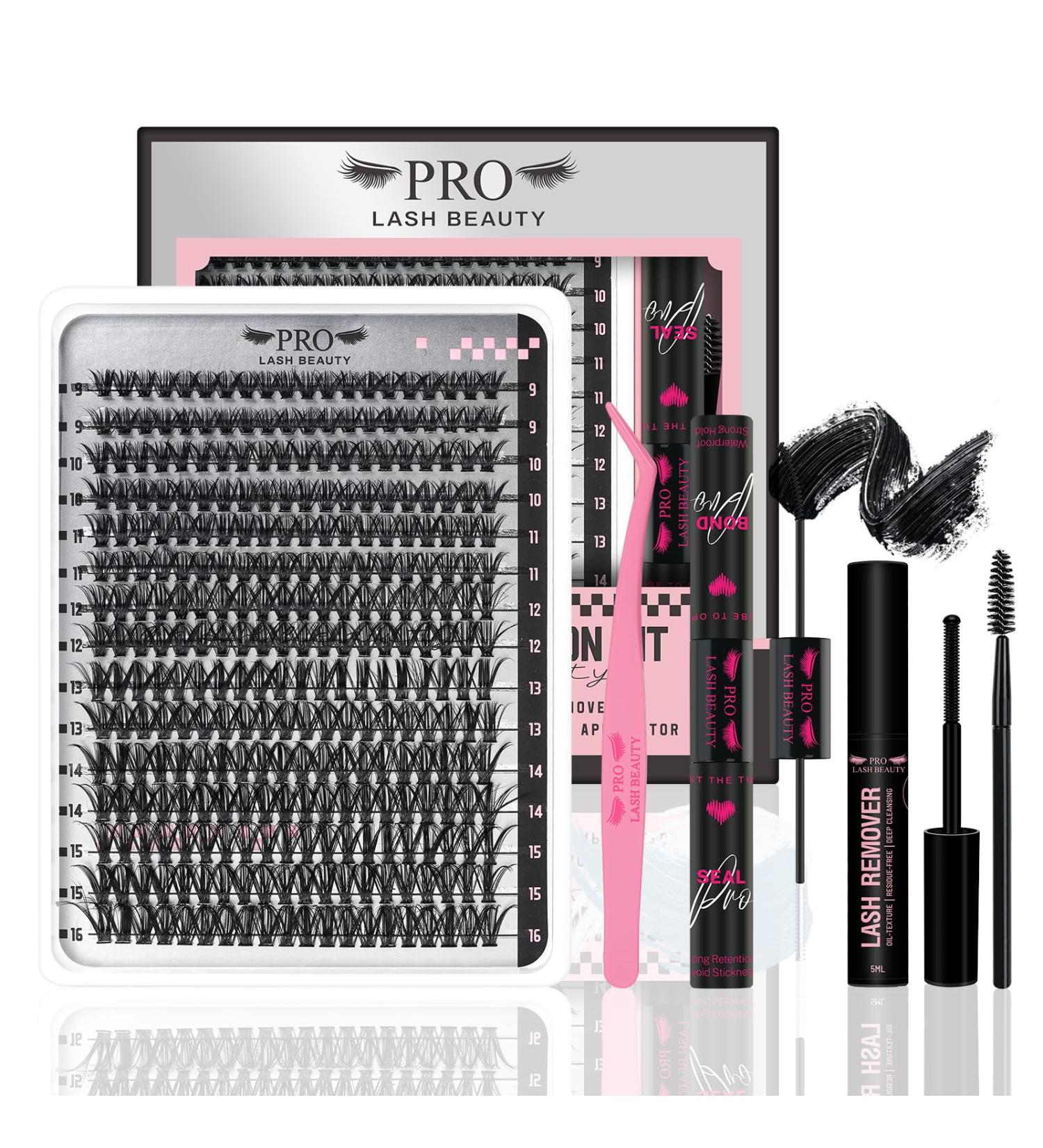 PRO DIY Lash Extension Kit 300 Pcs Lash Clusters D Curl Mix Eyelash Clusters Individual Lashes Kit Lash Bond And Seal Lash Remover Eyelash Brush Lash Tweezer Self Apply At Home(40D-9-16mix Kit) 9-16 mix 40D-D Kit