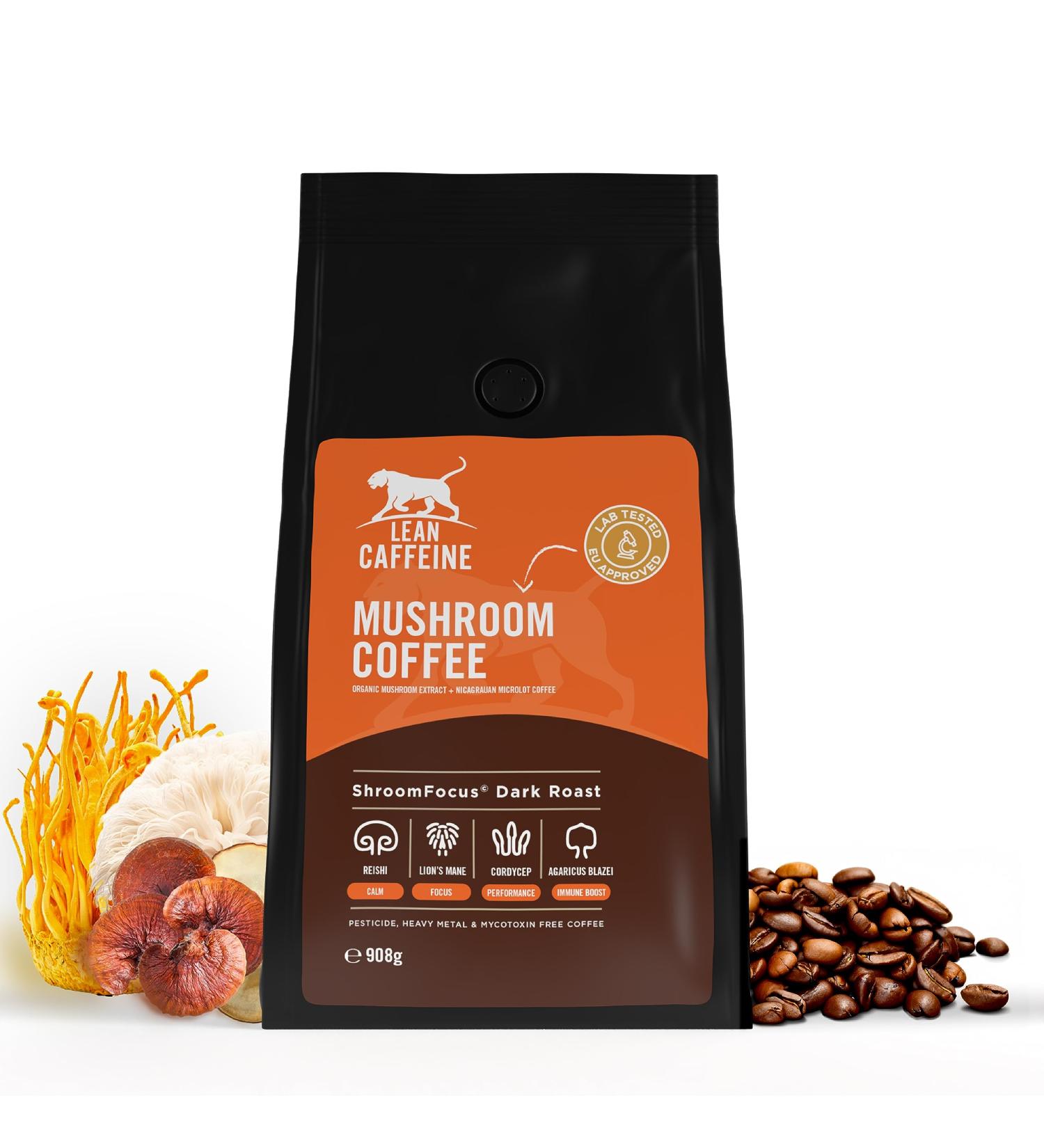 Lean Caffeine Mushroom Coffee Ground 412g | Mushroom Extract Powder Blend | Mycotoxin Free Lions Mane Reishi Cordyceps Agaricus Blazei | Bulletproof Coffee - Pack of 1 - Buy Online on SooperMarket.com