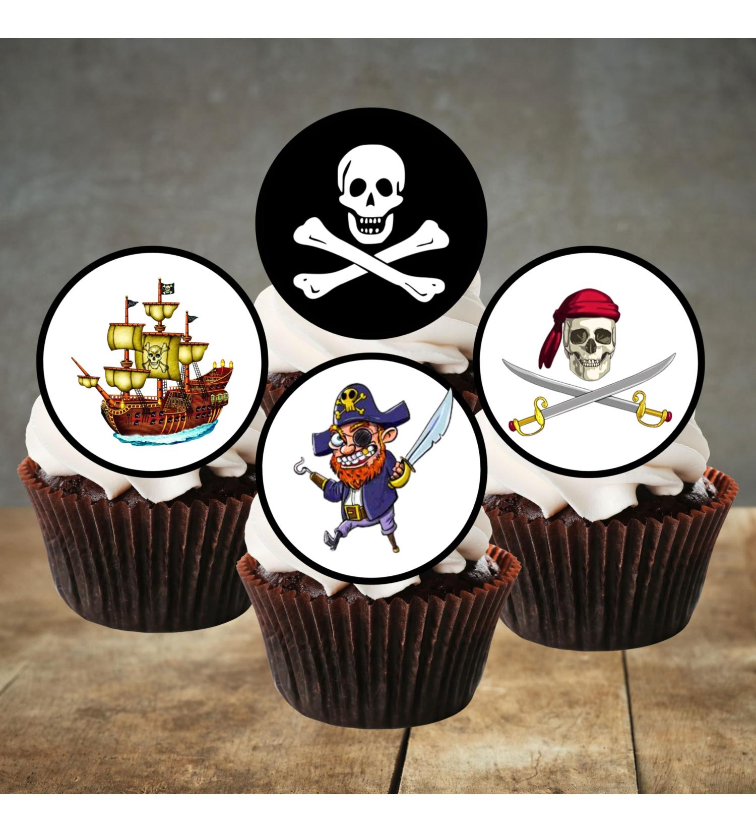 PRECUT Pirate Edible Cupcake Toppers - Pirates Theme Premium Thickness SWEETENED VANILLA - wafer card disc cake decorations (24) - Buy Online on SooperMarket.com
