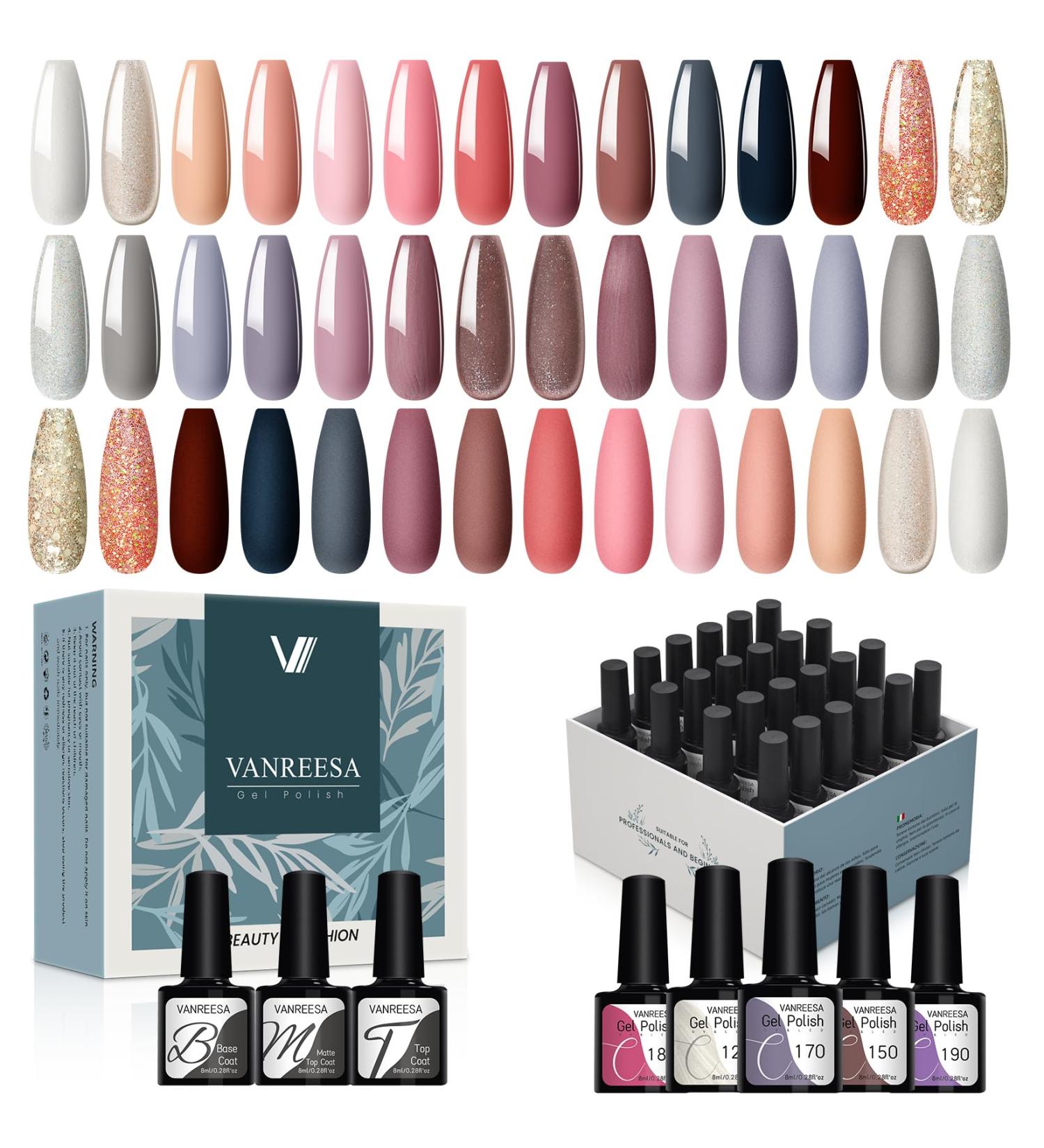 VANREESA Gel Nail Polish Set - 21 Colors Pink Nude Red Brown Glitter Classic Soak Off UV Gel Kit with Base Top Coat | Nail Art Gifts for Women - Dazzling Declining Sun - Buy Online on SooperMarket.com