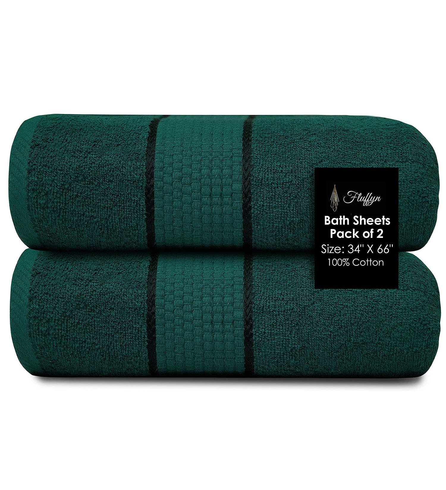 Fluffy 100% Cotton Dark Green Bath Sheets Set of 2 - Eco-Friendly, Super Soft & Highly Absorbent - Oeko-Tex Certified - 34 x 66 Inches - Buy Online on SooperMarket.com