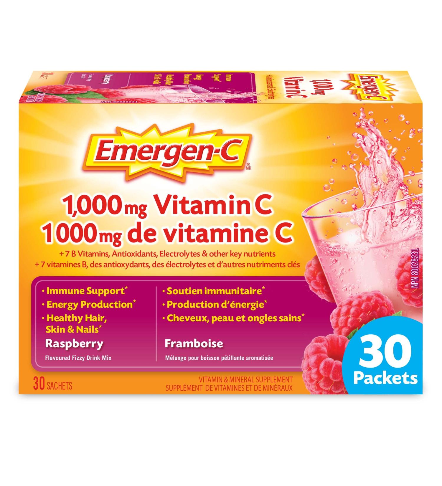Emergen-C Raspberry (30 Count) 1000mg Vitamin C / Electrolytes / B Vitamins Mineral Supplement - Buy Online on SooperMarket.com
