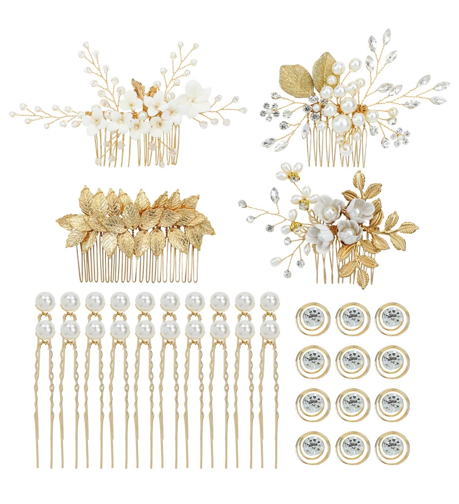 Gold Flower Leaf Hair Combs, Pearl Pins, Rhinestone Barrettes - 36 Pack Set for Wedding & Prom Hairstyles - Buy Online on SooperMarket.com