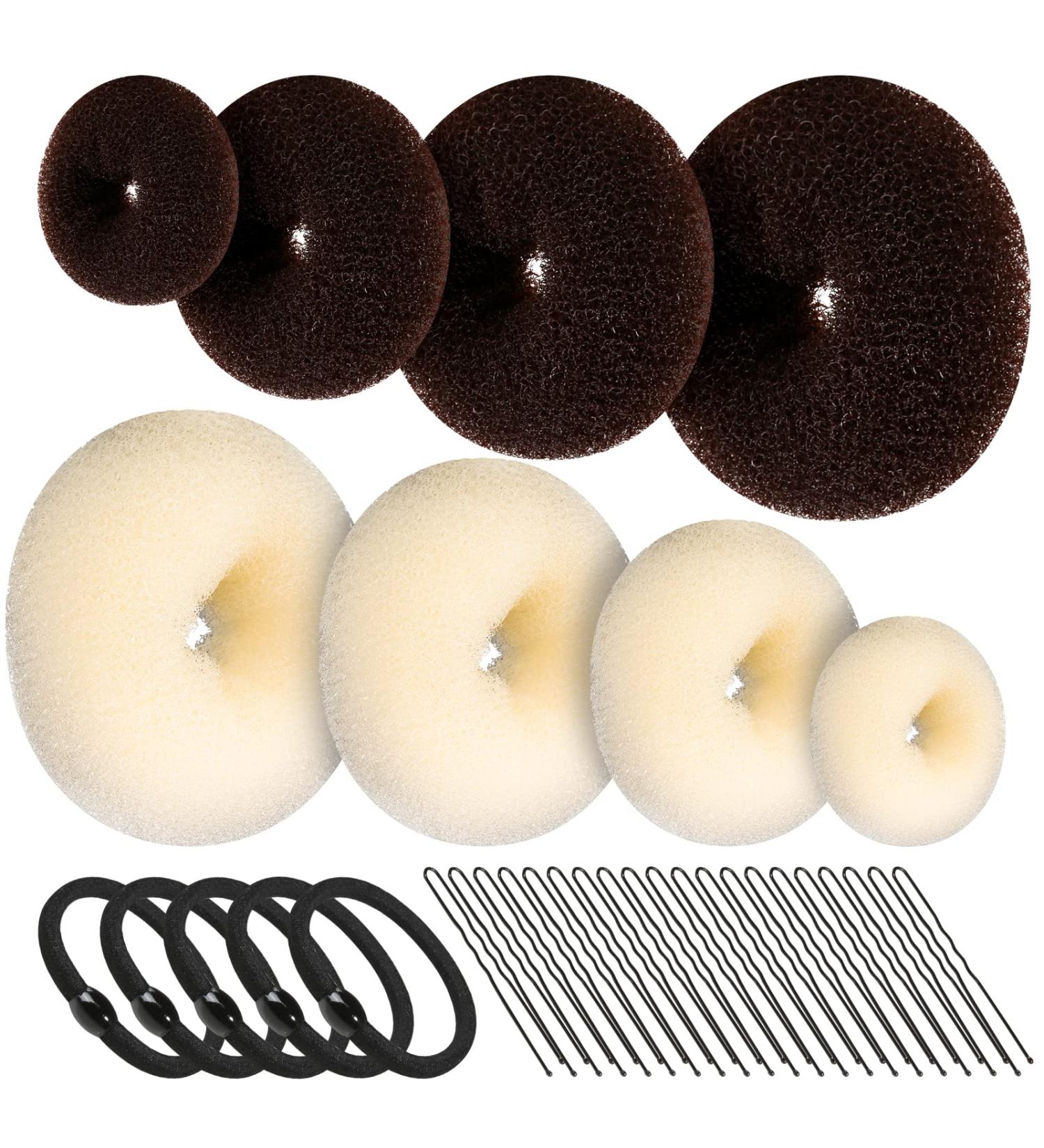 8pcs Hair Donut Bun Maker Set - FANDAMEI Dark Brown & Beige Bun Makers with Hair Elastic Bands and Pins - Buy Online on SooperMarket.com