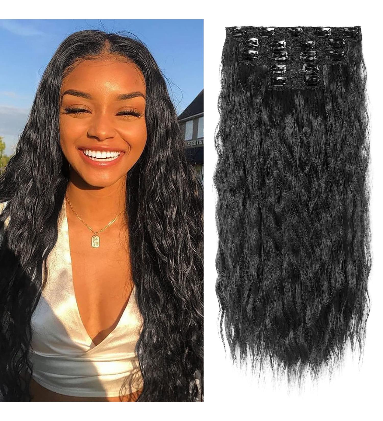 REECHO 5PCS Brown Clip in Hair Extensions 24 Thick Long Loose Waves HE002 - Invisible Lace Weft Natural Soft Hairpieces - C Jet Black - Buy Online on SooperMarket.com