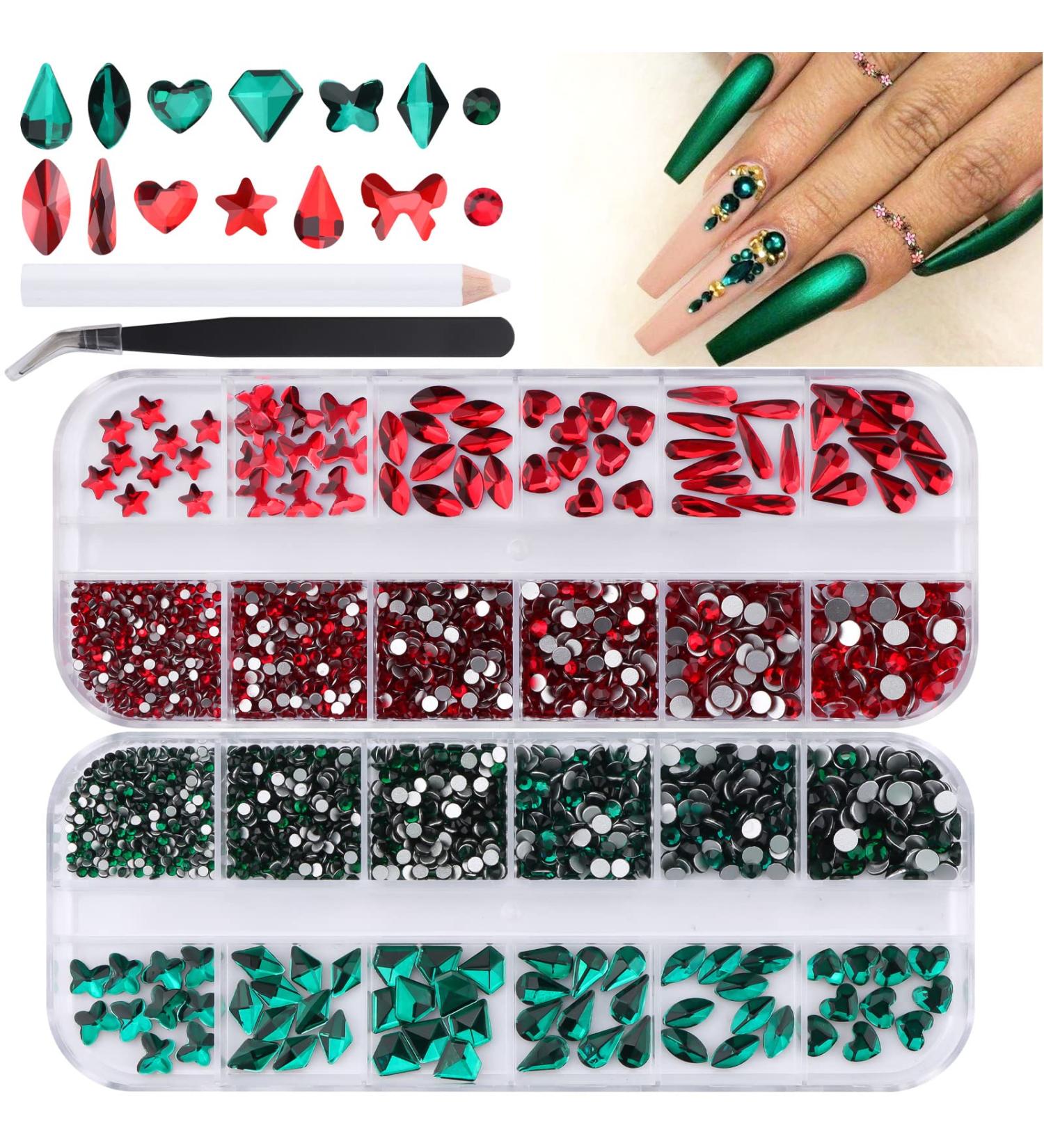 Kalolary Green Nail Rhinestones | Christmas 3D Flatback Red Crystal Charm Stones | Tweezer & Picker Set | DIY Acrylic Nail Art Decoration - Buy Online on SooperMarket.com