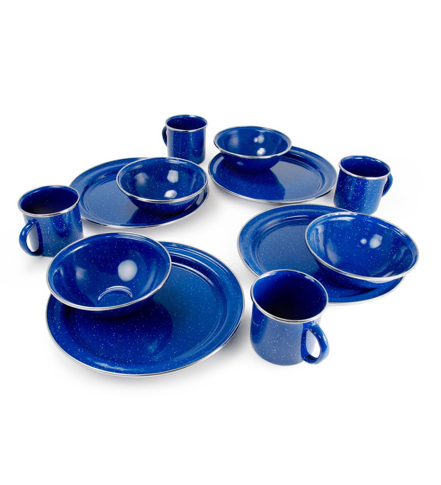 GSI Outdoors Camp Table Set for 4 - Enamel Pioneer Plates, Bowls & Coffee Mugs - Blue | Perfect for Camping, Outdoors, RV - 4 Person Set - Buy Online on SooperMarket.com