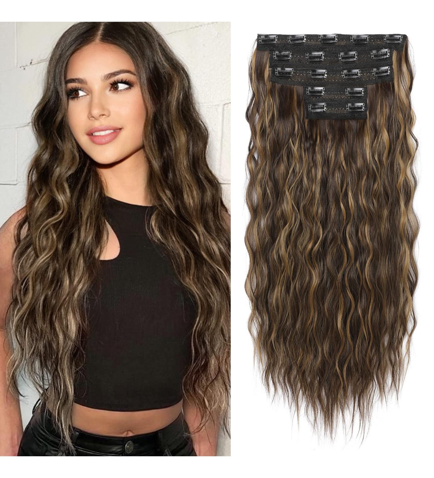 REECHO Clip in Hair Extensions - 5PCS Brown 24 Thick Long Loose Waves HE002 - Invisible Lace Weft Natural Soft Hairpieces for Women - Dark Brown with Highlights - Buy Online on SooperMarket.com