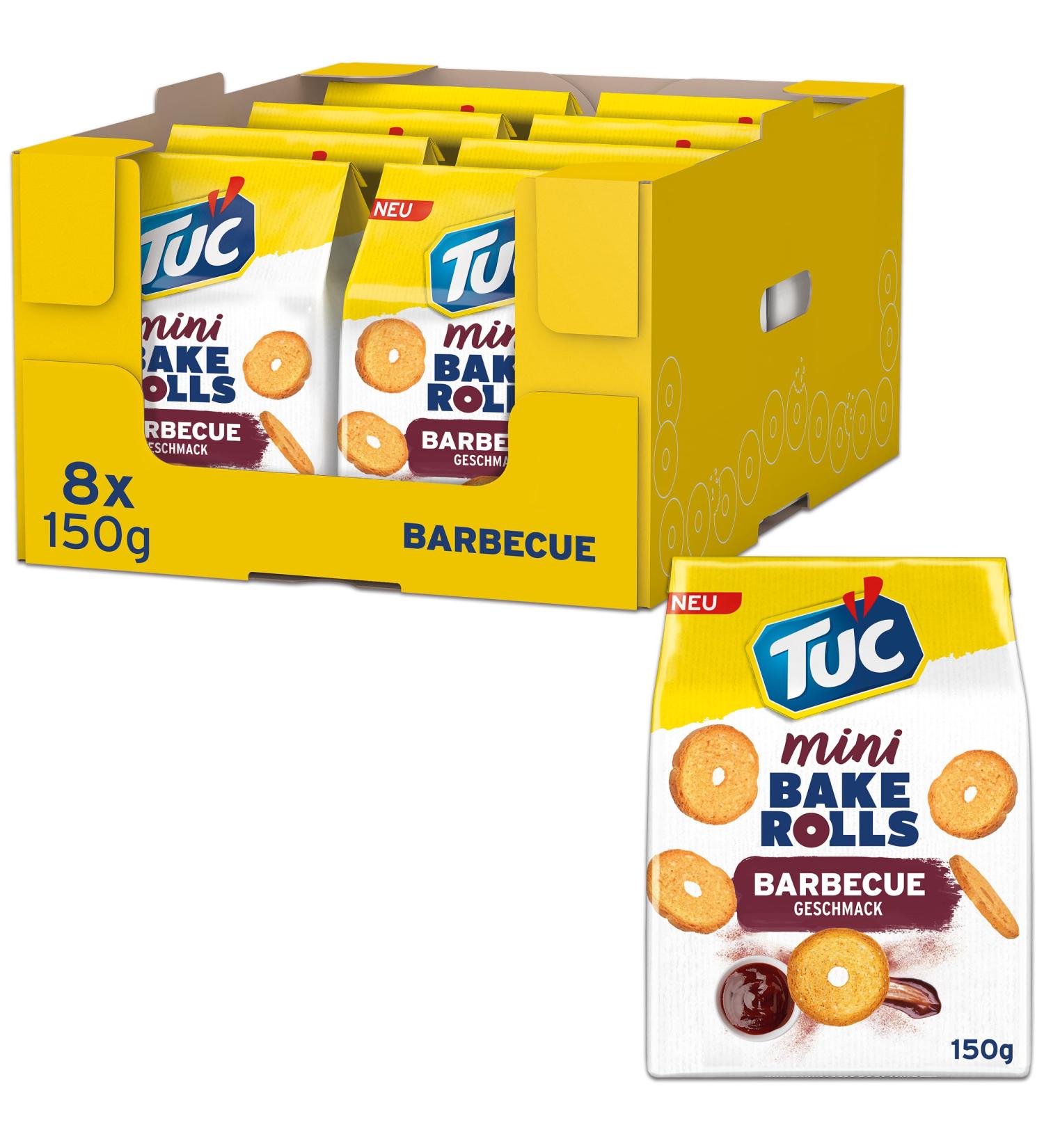 TUC Mini Bake Rolls Barbecue - Crispy Snack Chips (8 x 150g) | Bulk Pack Bread Chips for International Shipping - Buy Online on SooperMarket.com