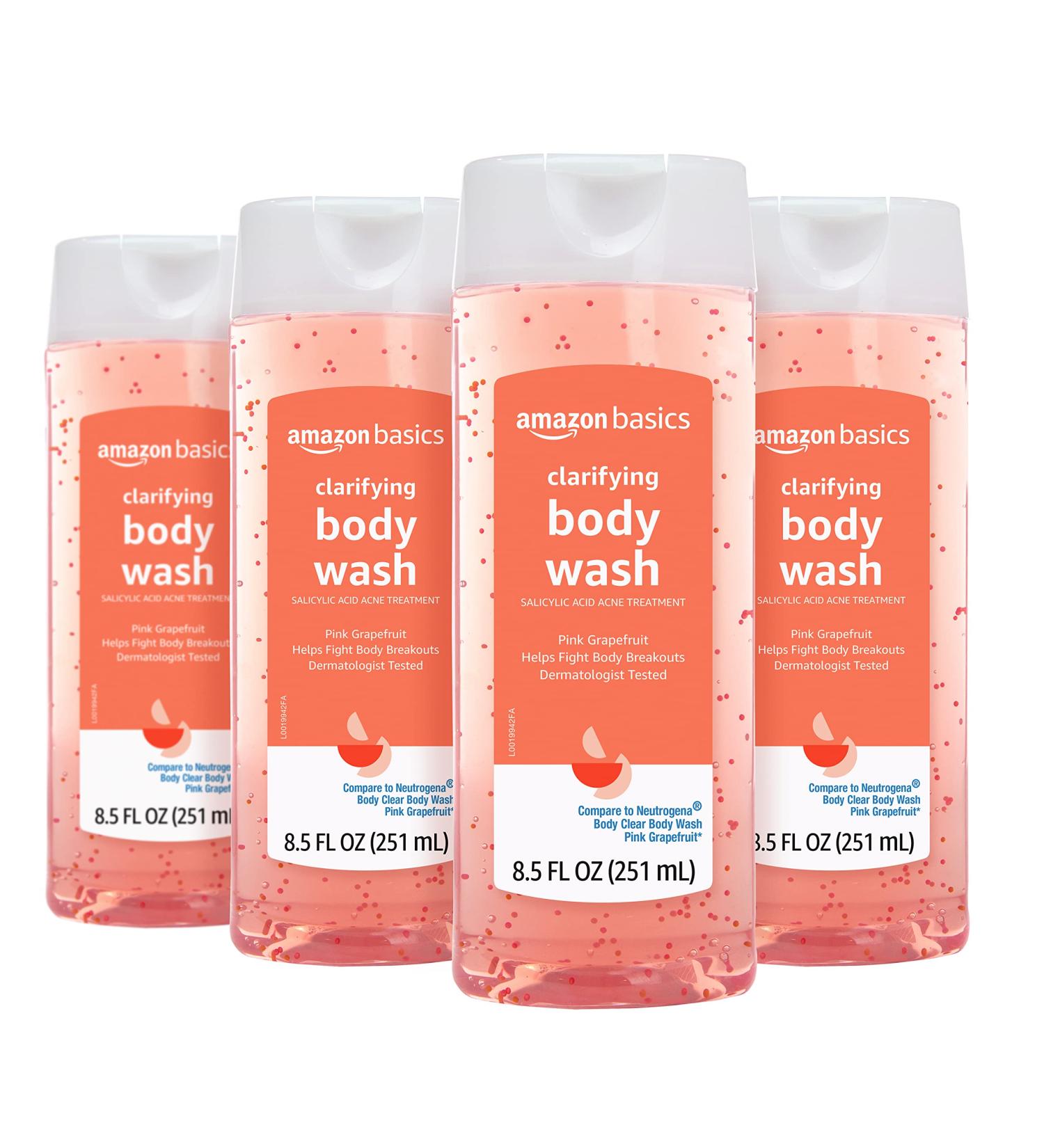 Amazon Basics Pink Grapefruit Body Wash with 2% Salicylic Acid - Acne Treatment, 8.5 oz (4-Pack) - Dermatologist Tested - Buy Online on SooperMarket.com