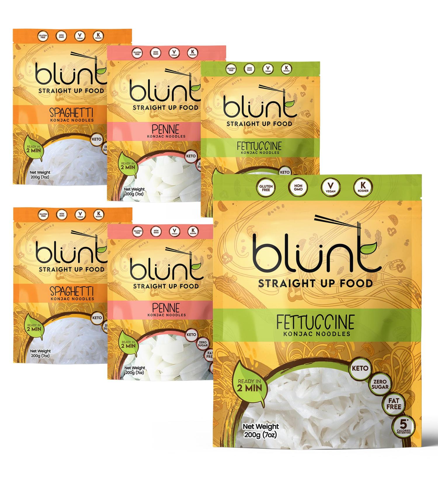 Blunt Konjac Noodles Penne Fetuccine and Spaghetti Variety 6 x 270 Grams - Easy-to-Make Instant Noodles Multipack - Gluten-Free & Rich in Fibre Shirataki Noodles UK - Ready in 2 Minutes - Buy Online on SooperMarket.com