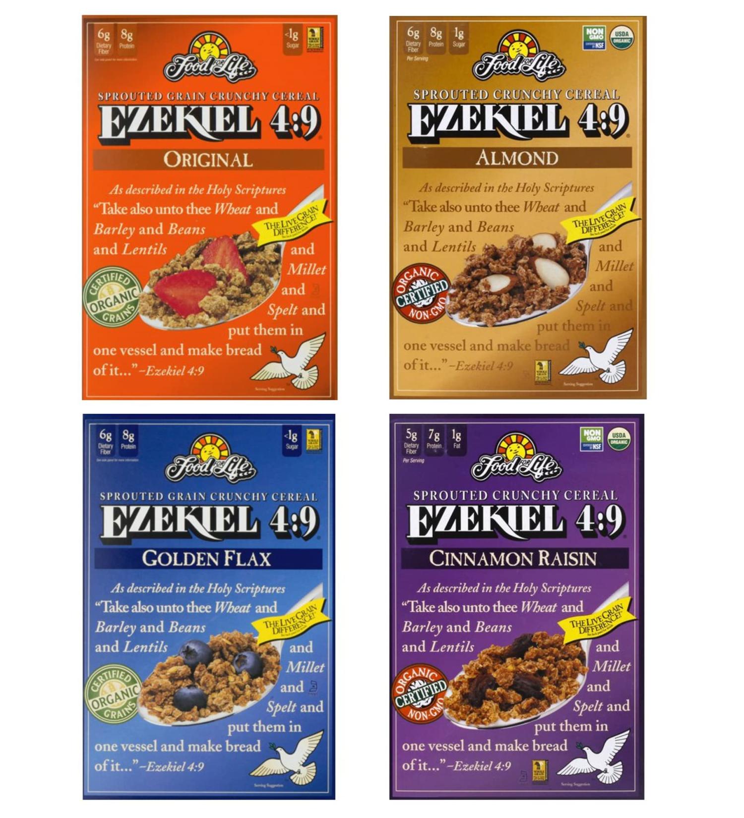 Food For Life Ezekiel 4:9 Organic Sprouted Whole Grain Cereal Variety Pack Original Cinnamon Raisin Golden Flax And Almond 16oz (4 Pack) In Sanisco Packaging
