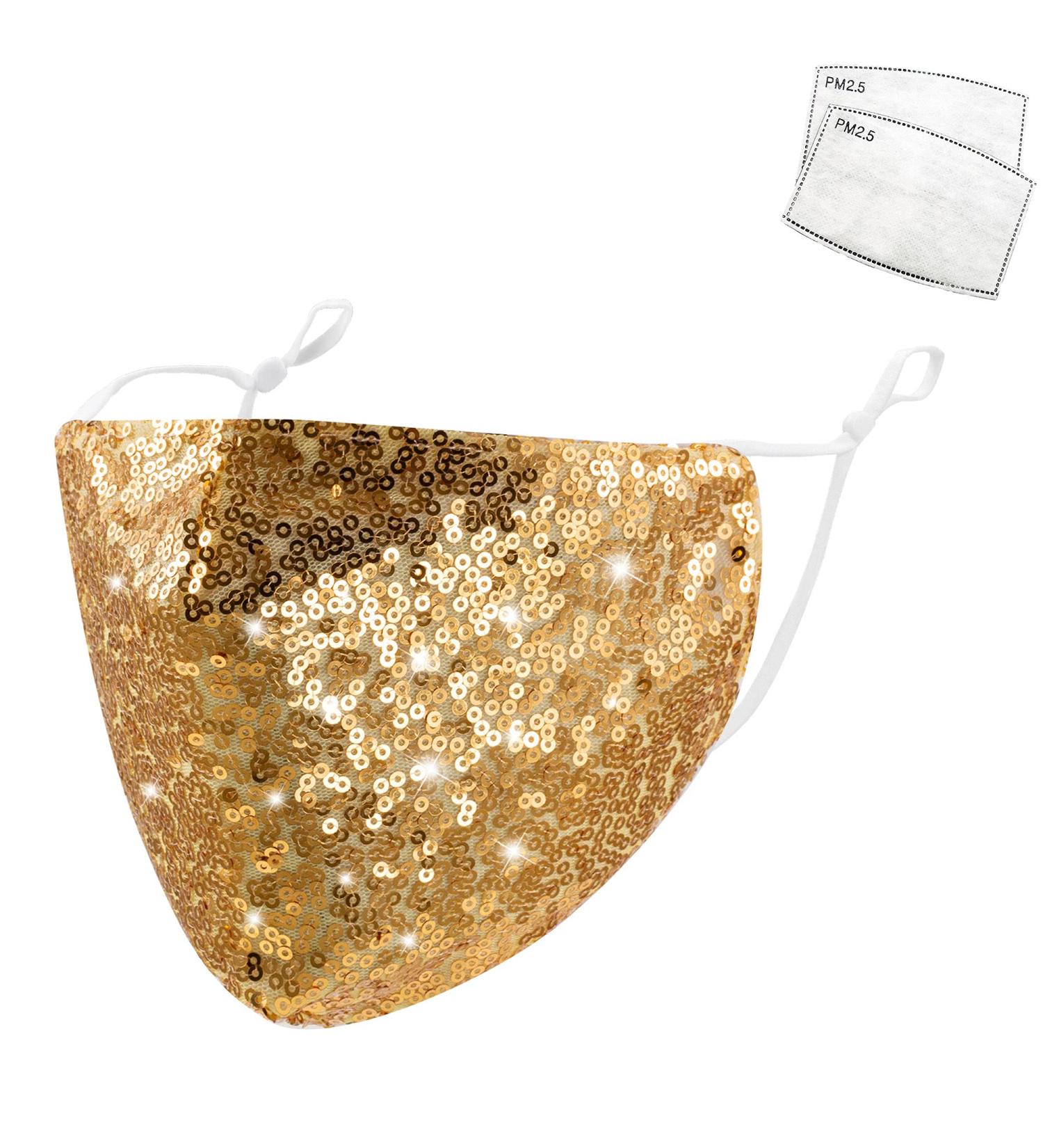 Bling Sequin Fashion Face Mask with 2 Filters | Reusable Sparkly Glitter Mask for Women | Adjustable Ear Loops | Gold - Buy Online on SooperMarket.com