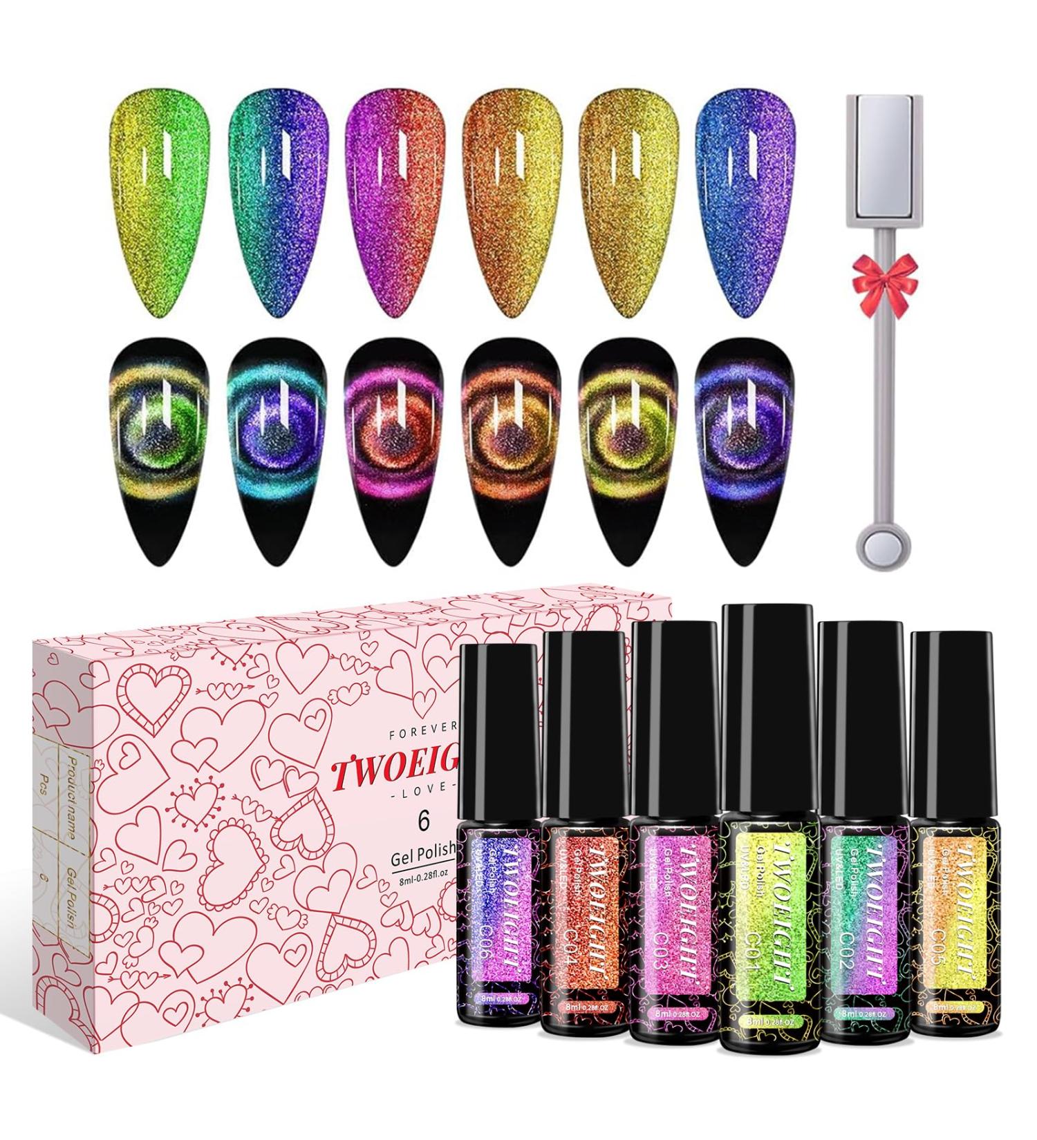 9D Cat Eye Gel Nail Polish Set - 6 x 8ml Magnetic Chameleon Colors with 1 Magnet | Soak Off Galaxy Effect Nail Art Gift for Women - Buy Online on SooperMarket.com