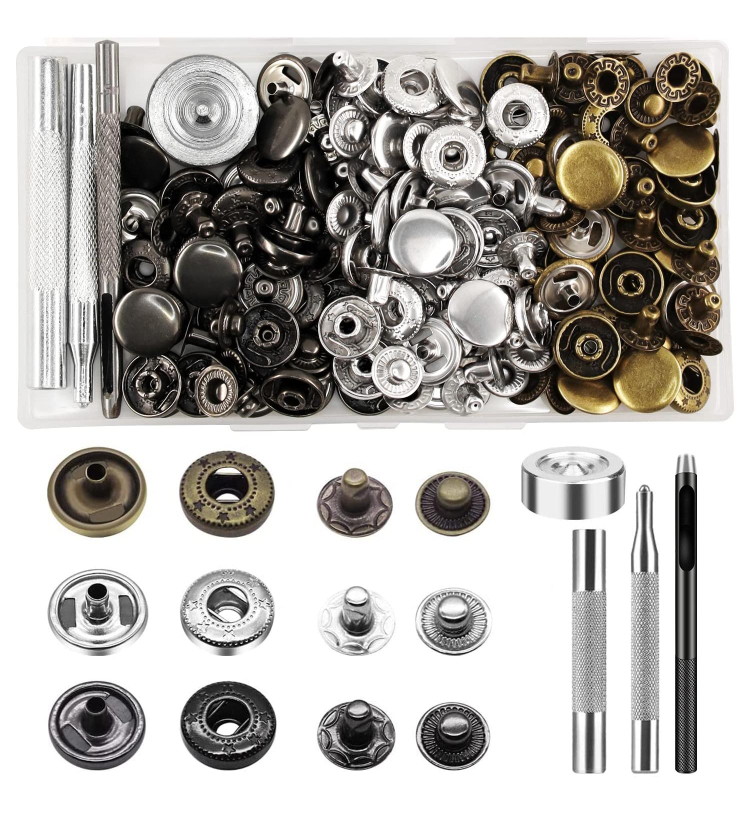 15mm Stainless Steel Snap Fasteners Kit for Leather Craft - 45 Set Snaps with Tools, 3 Colors - Ideal for Windbreaker, Shirts, Jackets, Backpacks, Wallets - Buy Online on SooperMarket.com