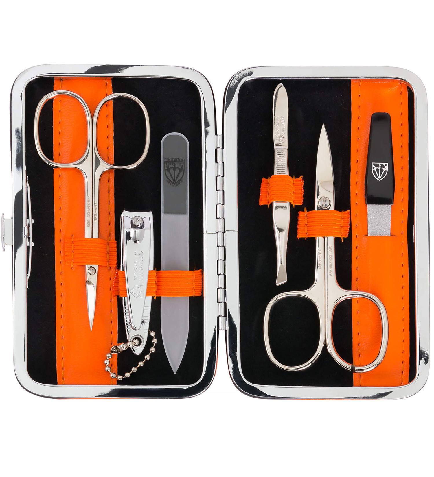 Three Swords Germany Manicure Set 'Genova' | 6-Pcs Nail Kit in Orange Artificial Leather Case | Includes Scissors Clippers Glass Nail Files & Tweezers - Buy Online on SooperMarket.com