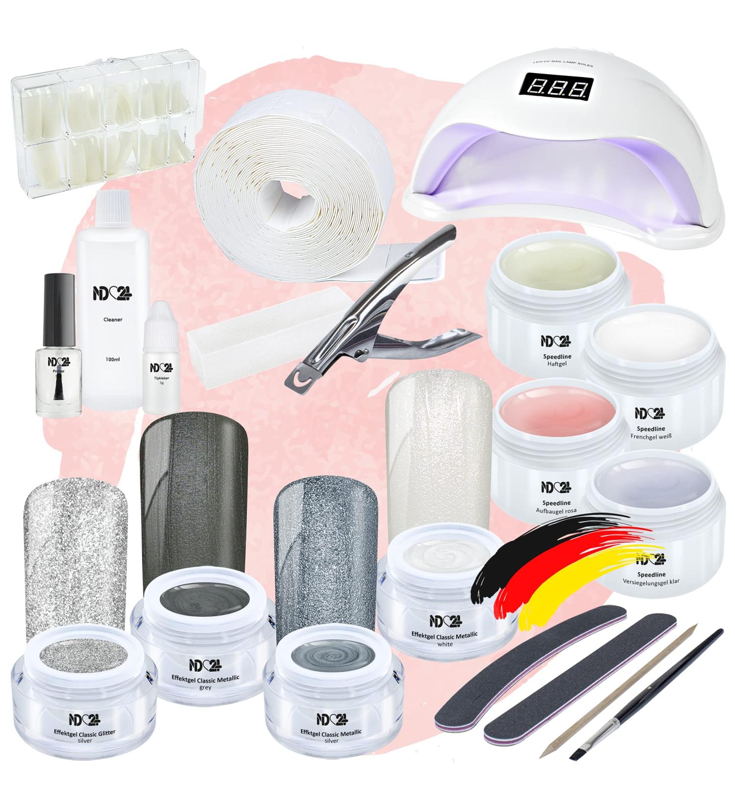 ND24 NAILDESIGN Premium Gelnail Starter Set - 20-Piece LED Gel Kit for Beginners with Adhesive French and Sealing Gels - Made in Germany - Buy Online on SooperMarket.com