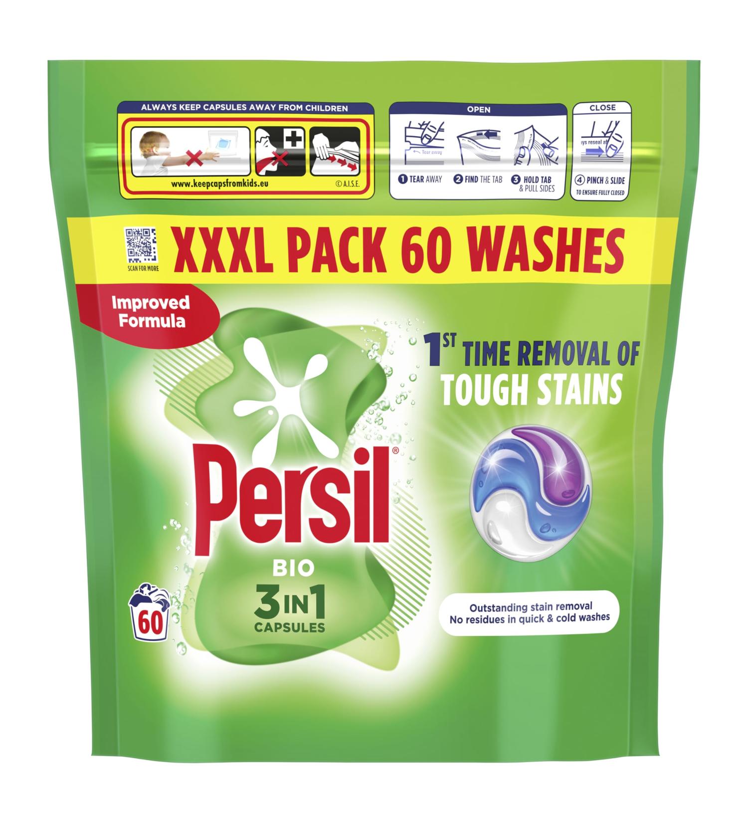 Persil Bio 3 in 1 Washing Capsules 1st time removal of tough stains outstanding stain removal in quick & cold washes 60 washes - Buy Online on SooperMarket.com