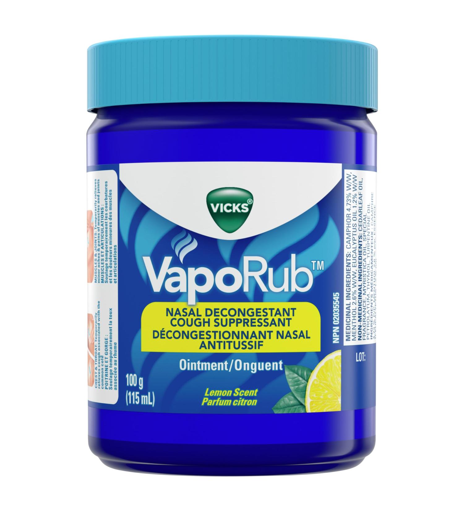 Vicks VapoRub Nasal Decongestant Cough Suppressant Relief from Cold Aches & Pains Chest Rub Ointment Lemon scent 100 g/115 mL 115 mL Lemon - Buy Online on SooperMarket.com
