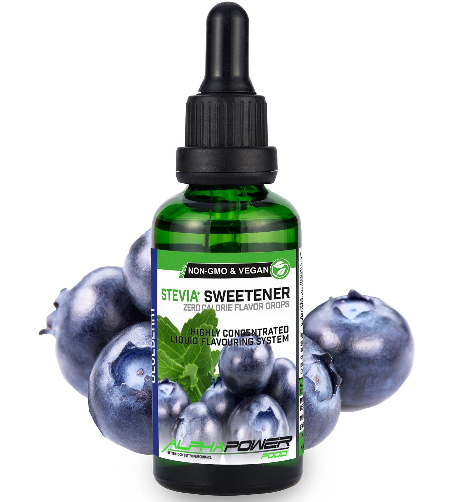 Alphapower Food Stevia Sugar-Free Blueberry Flavor Drops | 100% Natural Liquid Aroma & Sugar Substitute for Water Muesli Desserts Smoothies - 50ml - Buy Online on SooperMarket.com