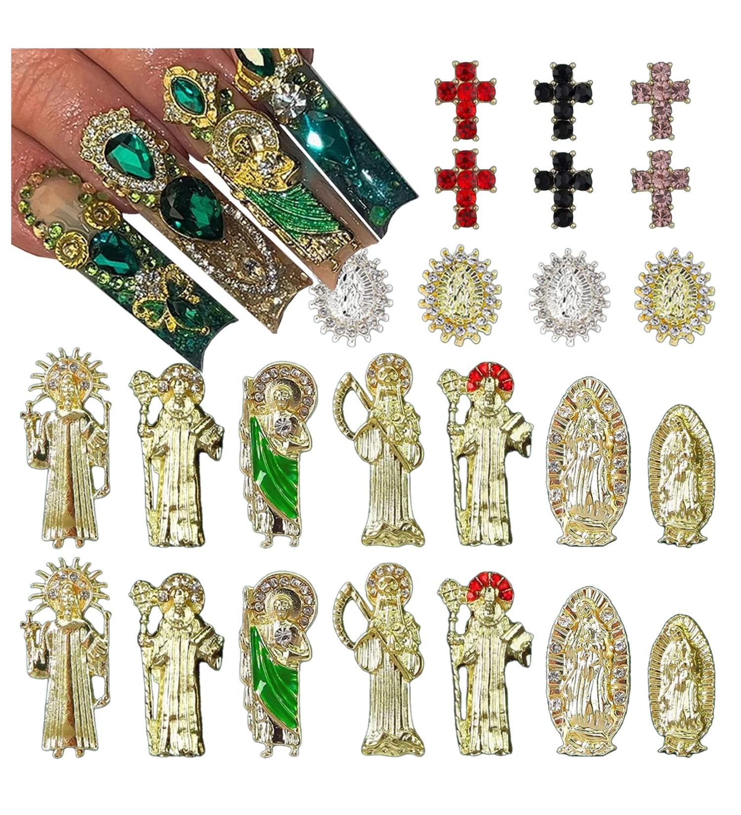 24pcs Religious Nail Charms Kit - San Judas Virgin Mary Cross 3D Nail Gems in Gold and Silver - Buddha Charms and Rhinestones for Nail Art - Buy Online on SooperMarket.com