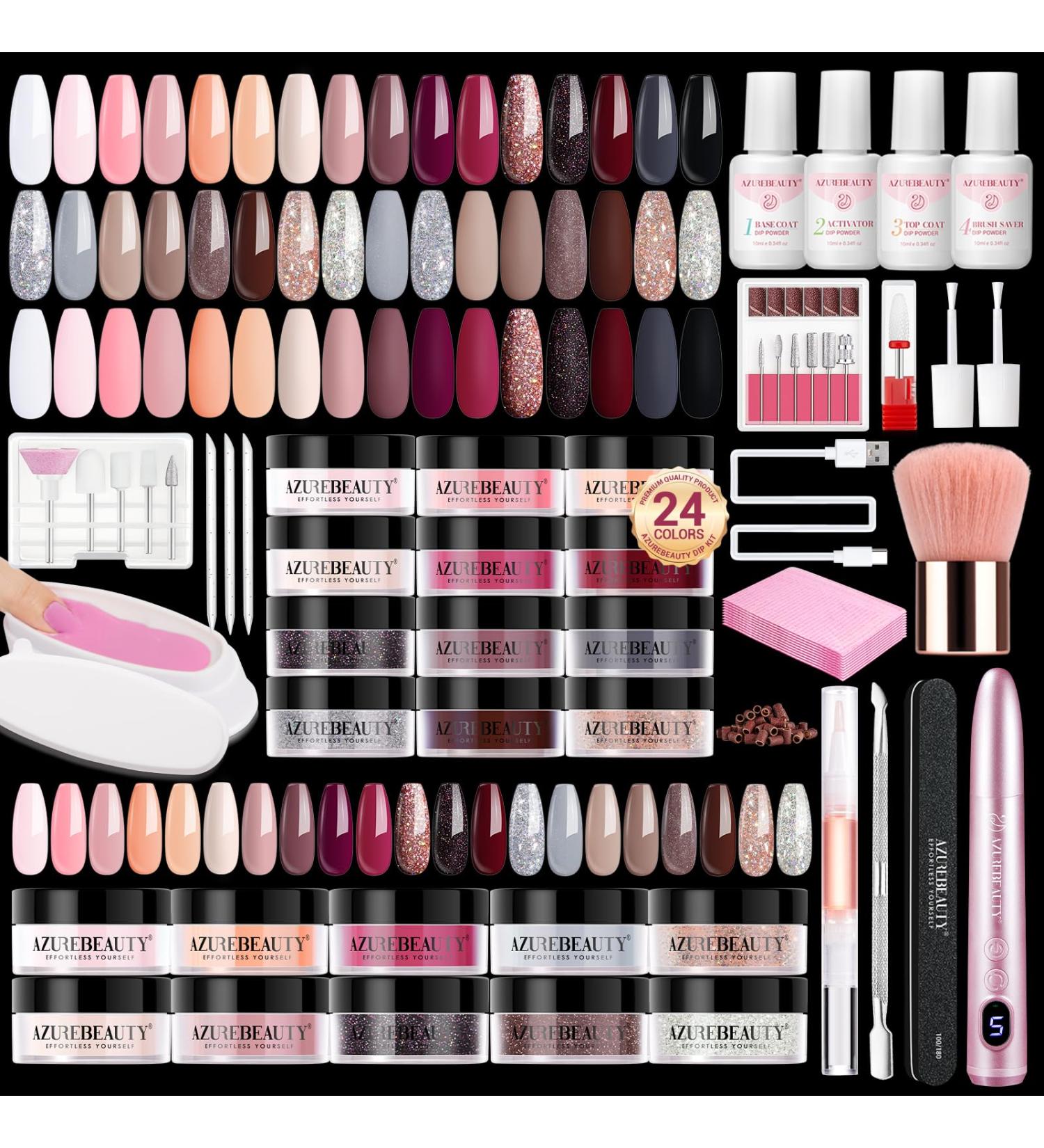 AZUREBEAUTY Dip Powder Nail Kit - 24 Colors Glitter & Electric Nail Drill | Complete Manicure Set with Base Top Coat & Activator - Buy Online on SooperMarket.com