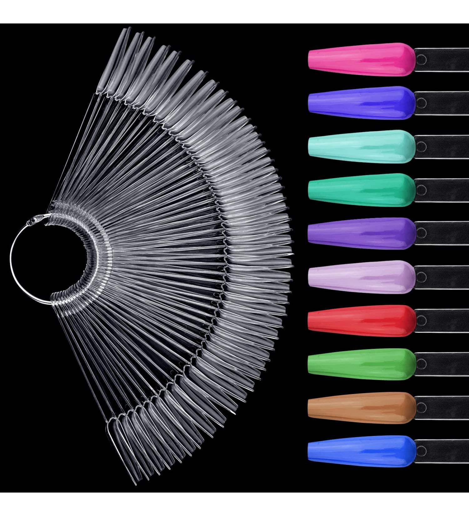 2 Sets of 100 Clear Coffin Ballerina Fan Shape Nail Art Tips Display with Metal Split Ring Holder NT080 - Buy Online on SooperMarket.com