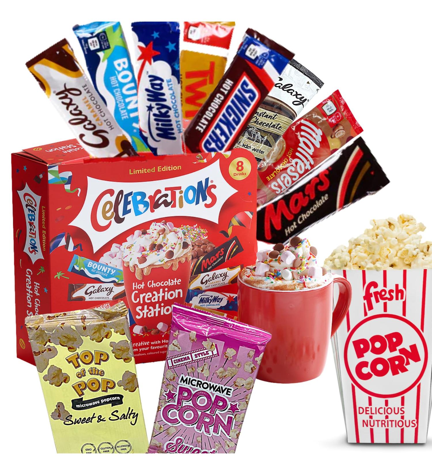 Movie Night Hamper - Celebrations Hot Chocolate Gift Set with Microwave Popcorn - 8 Hot Chocolate Sachets & 3 Hot Chocolate Toppings - Snack Hamper Movie Night Box - Buy Online on SooperMarket.com